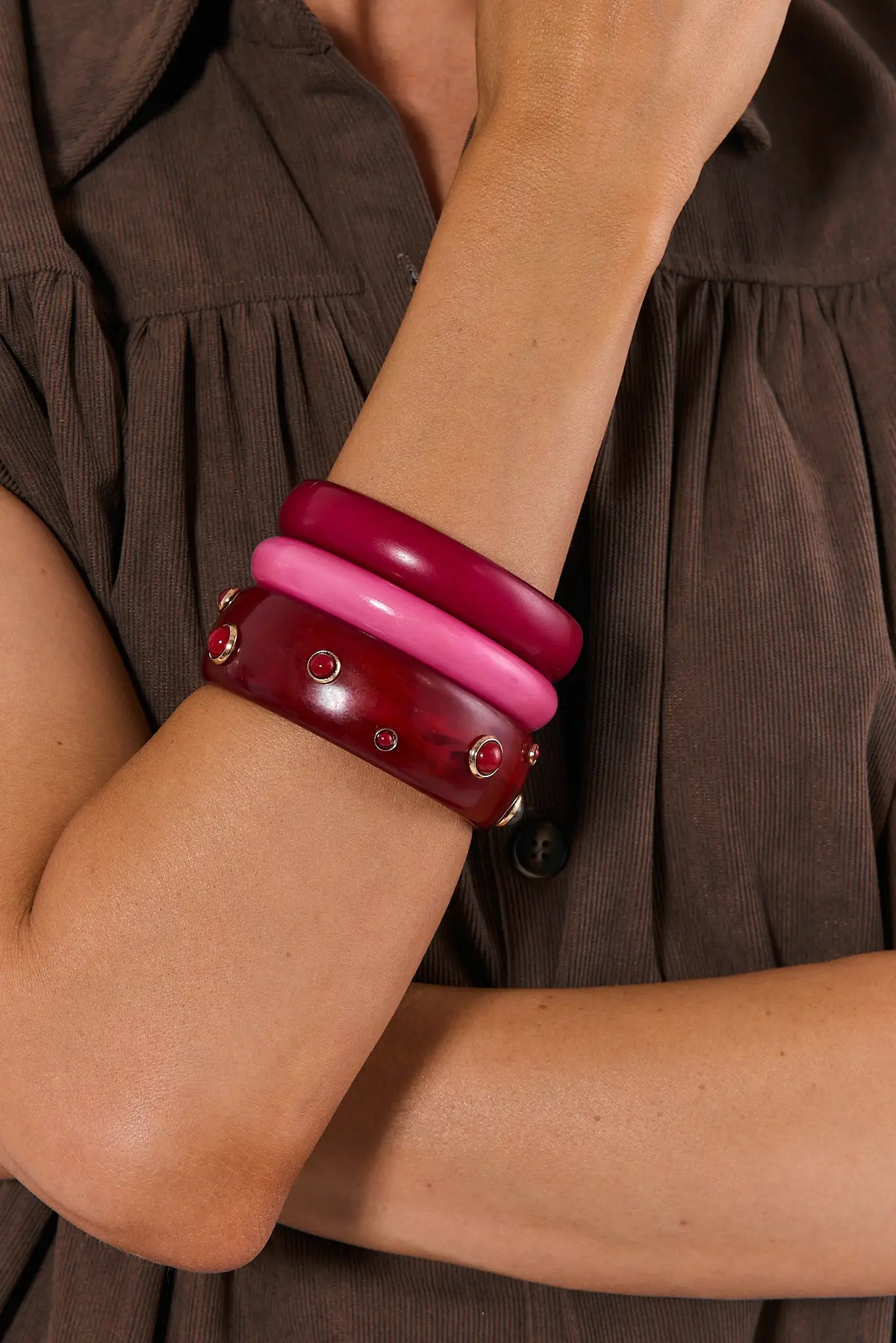 Pink Mixed Acrylic Bangle Set - On Model Stacked Wrist View | Avara