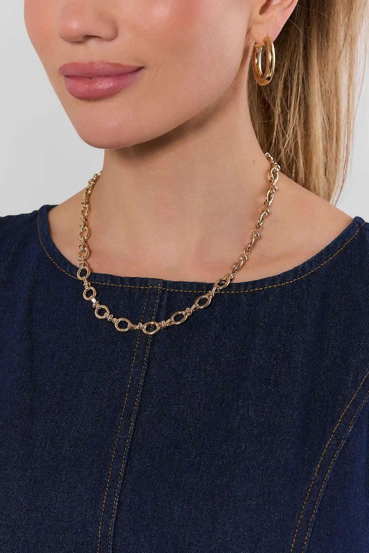 Gold Oval Chain Link Necklace - On Model Styled with Denim Top | Avara