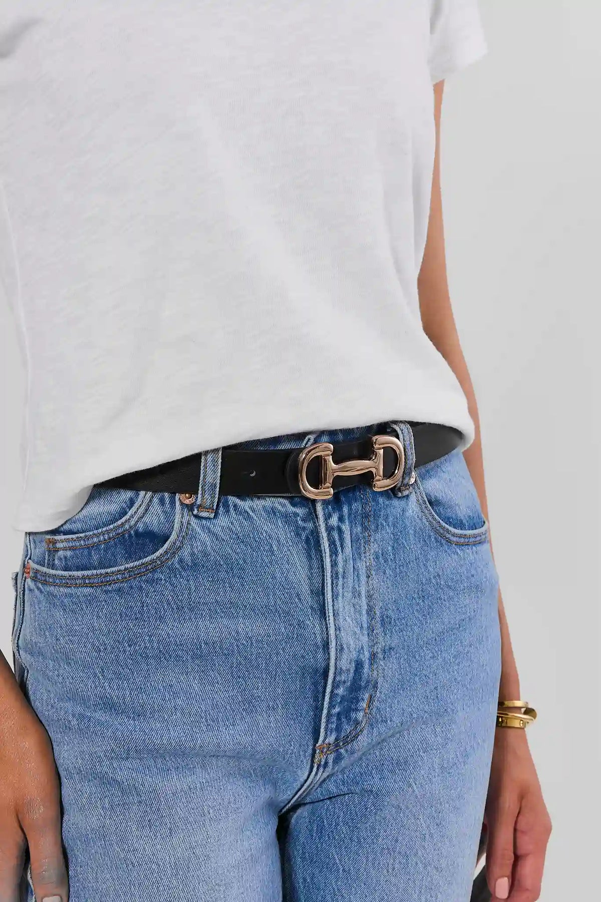 Black Horse Bit Buckle Belt - On Model Styled with Denim and White Tee | Avara