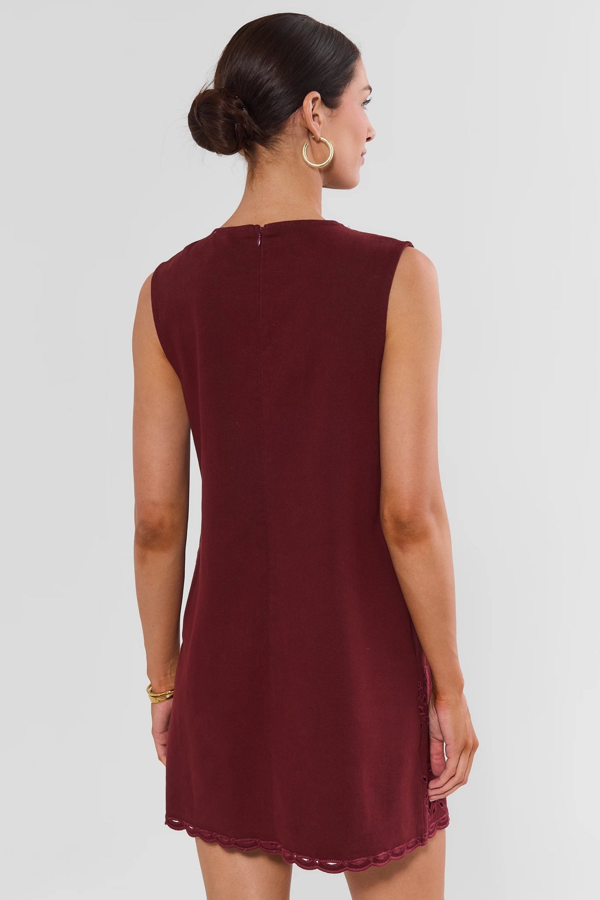 Burgundy Eyelet Short Dress - Back View, Scallop Hem & Hidden Zipper | Avara