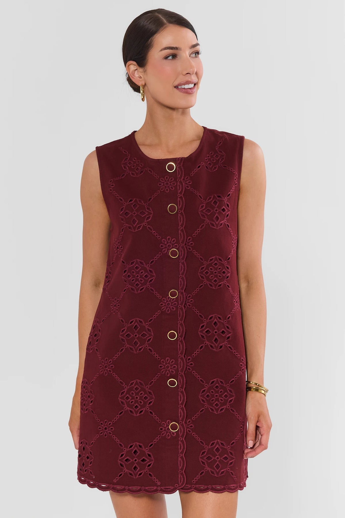 Burgundy Eyelet Button-Up Short Dress - Front View, Gold Buttons | Avara