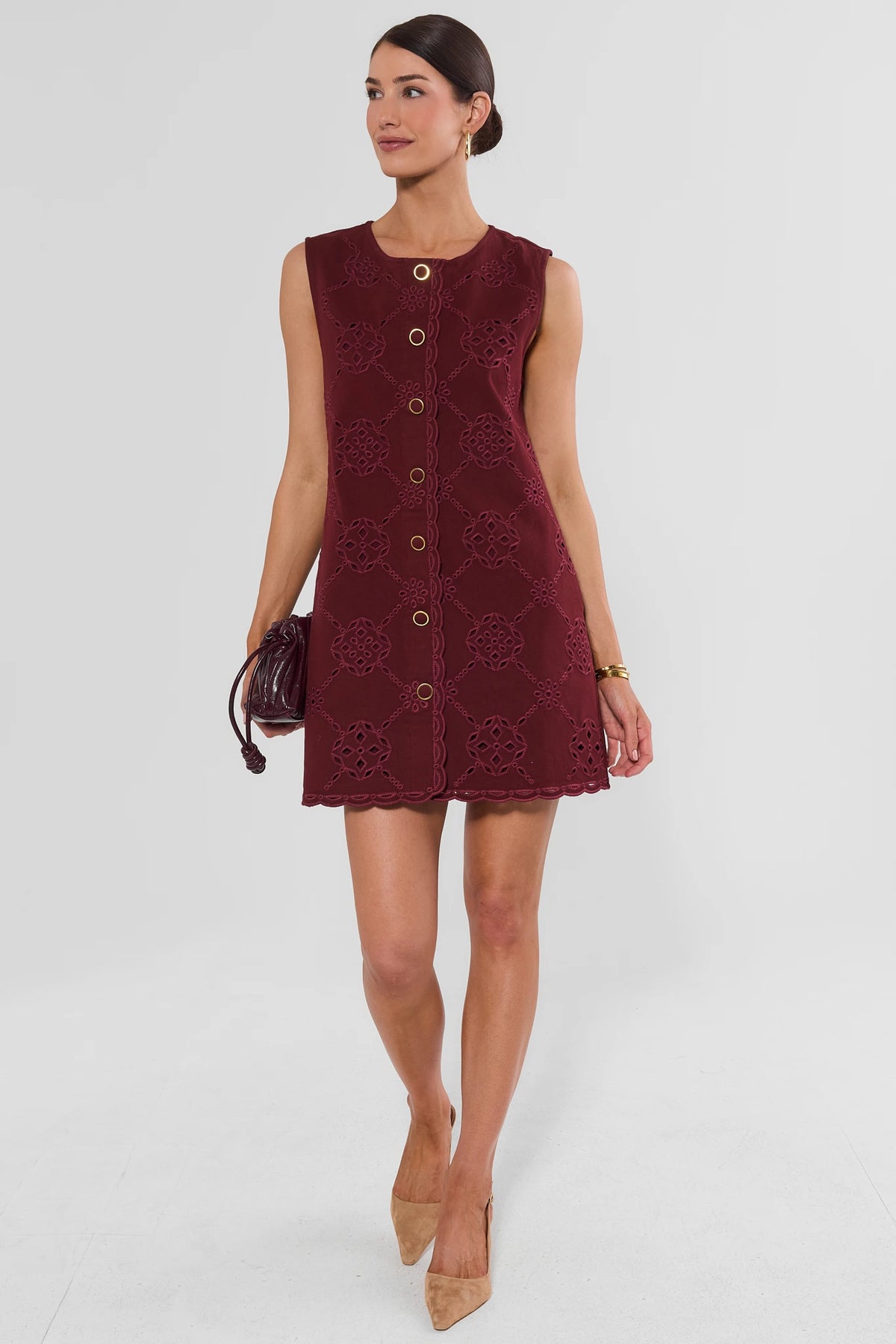 Burgundy Eyelet Button-Up Short Dress - Full Styled Look, On Model | Avara