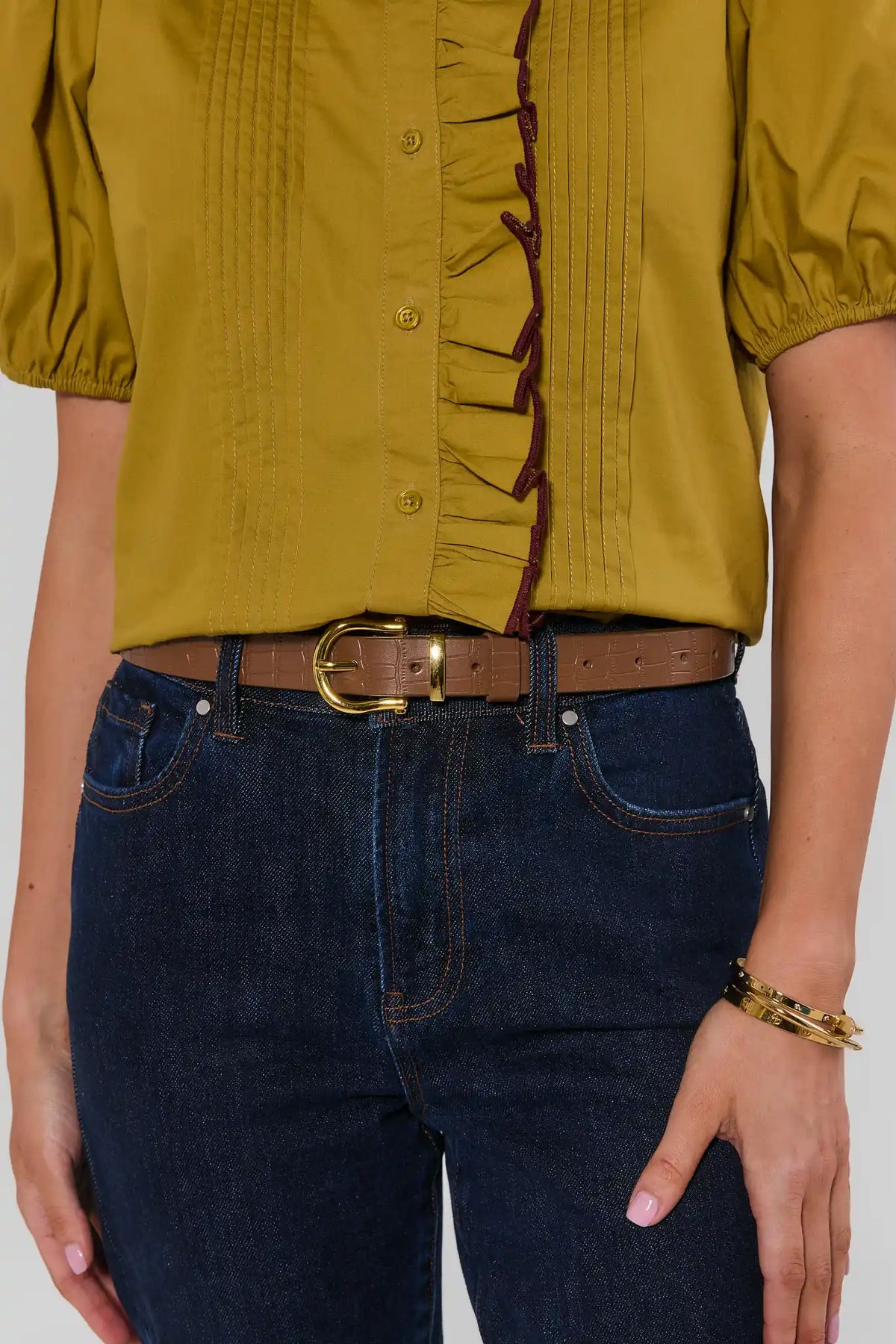 Tan Faux Alligator Skin Belt Styled On Model with Dark Denim and Mustard Top | Avara
