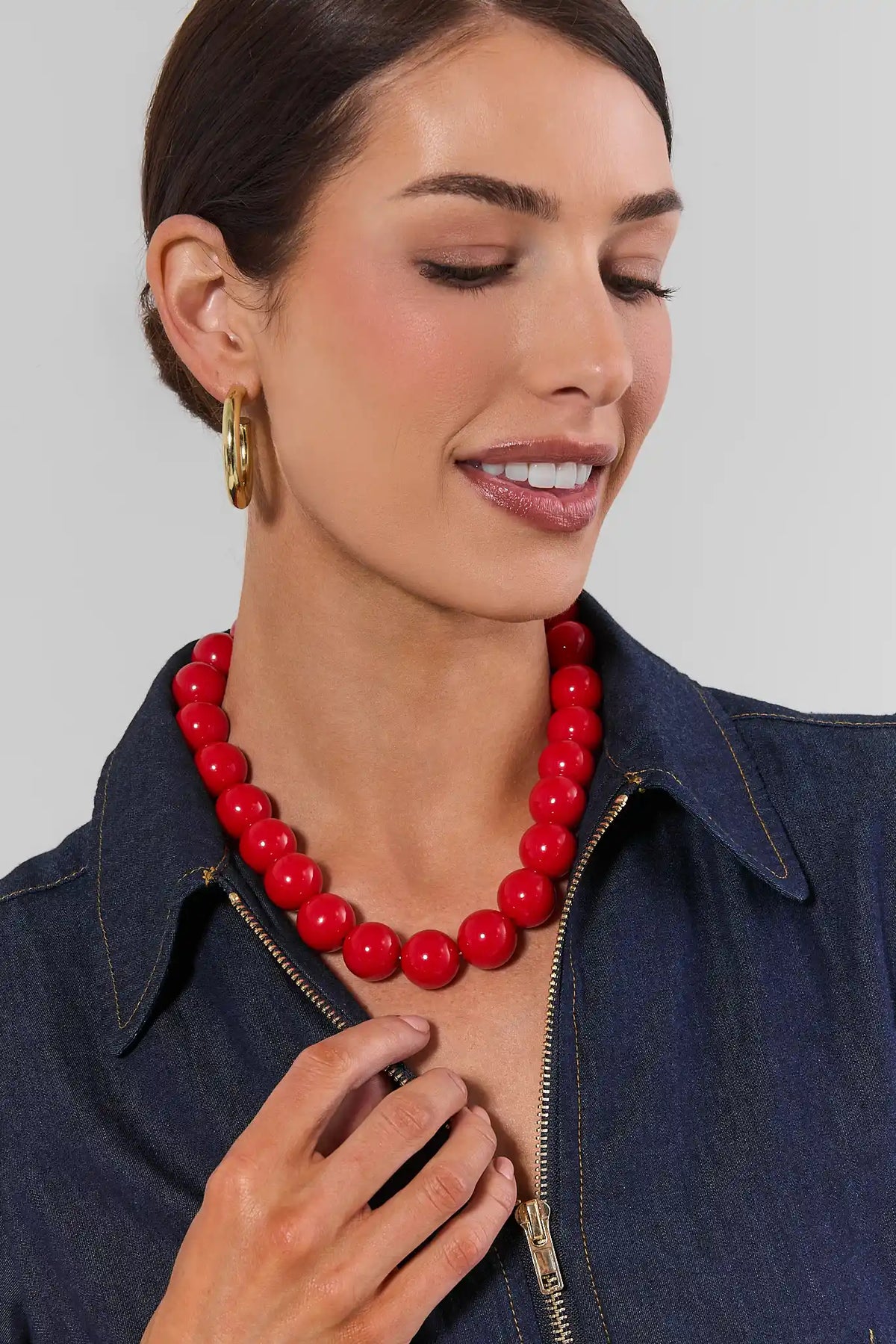 Red Chunky Beaded Statement Necklace On Model with Denim - Front View | Avara
