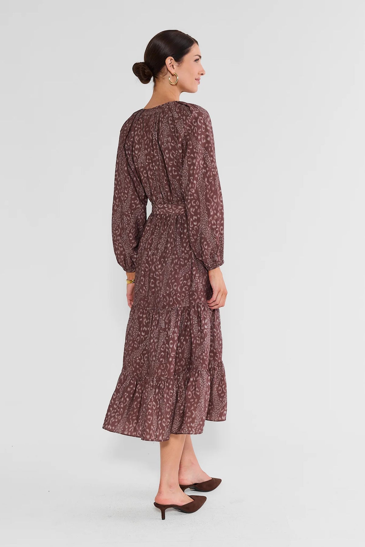 Brown Leopard Print Midi Dress - Back View, Tiered Hem & Long Sleeves On Model | Avara