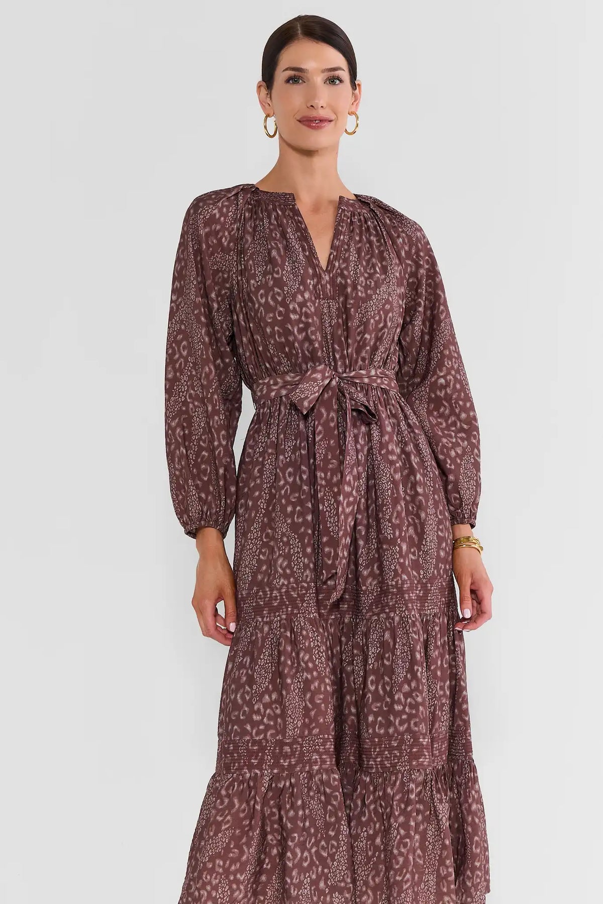 Brown Leopard Print Midi Dress - Front Cropped View, Tie Waist & V-Neckline Detail | Avara
