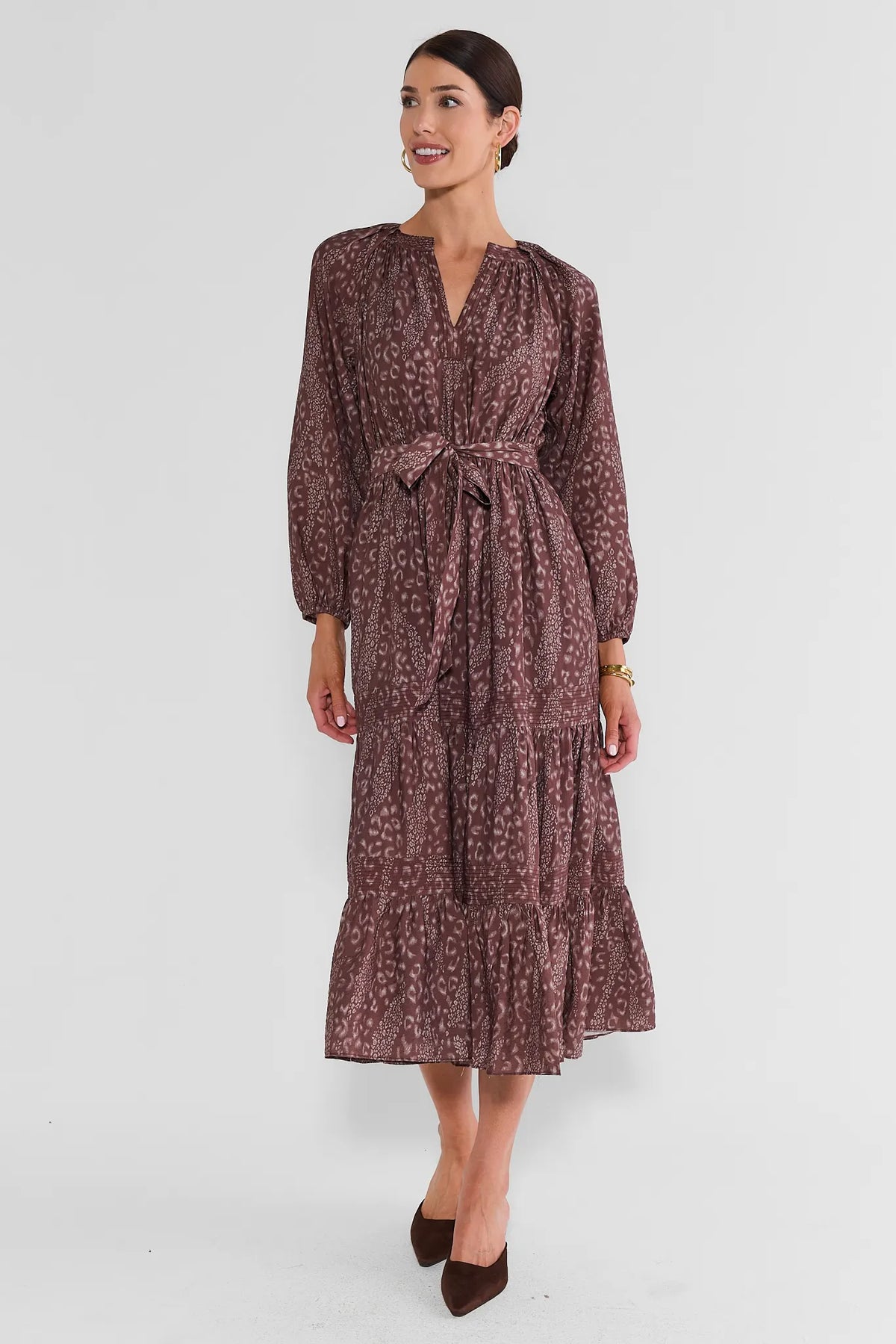 Brown Leopard Fall Midi Dress - Full-Length Front View, Tiered Skirt On Model | Avara