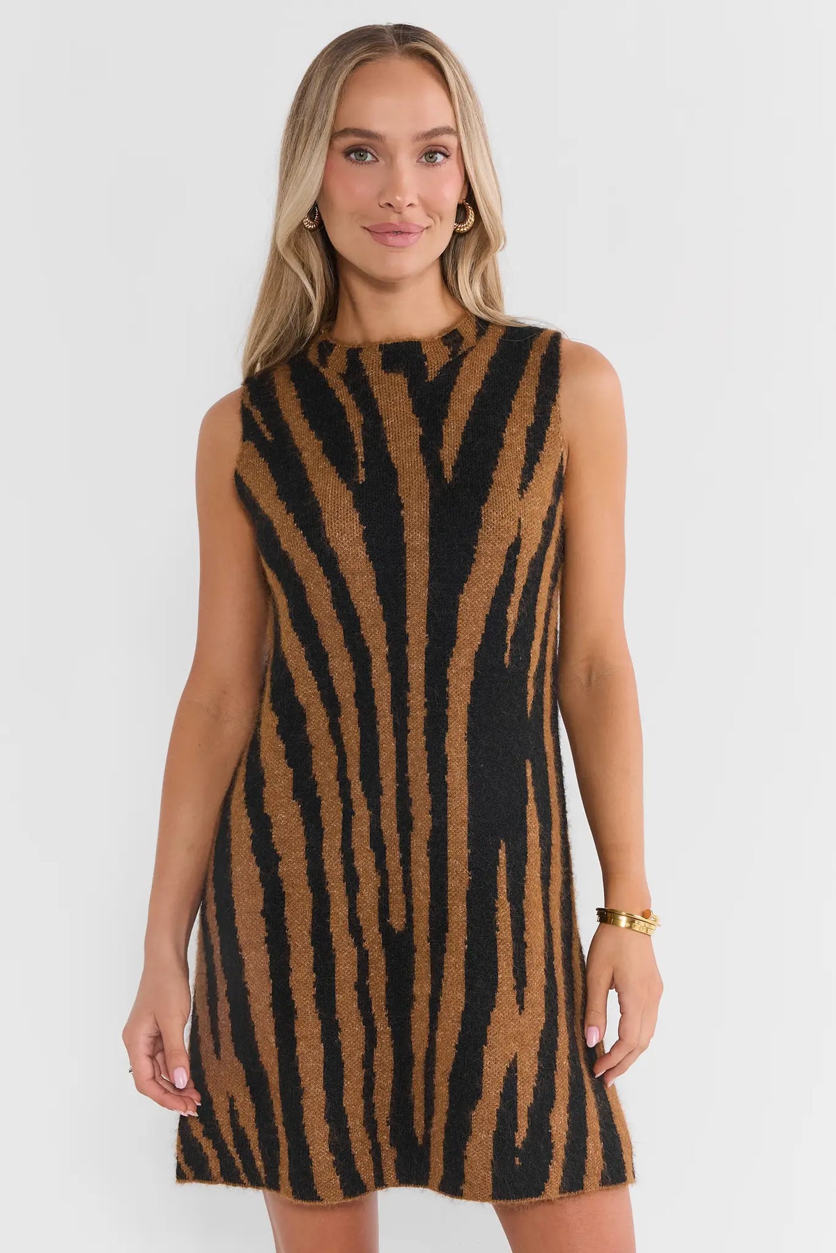 Brown Animal Print Short Dress - Front View On Model, Gold Jewelry Styled Look | Avara