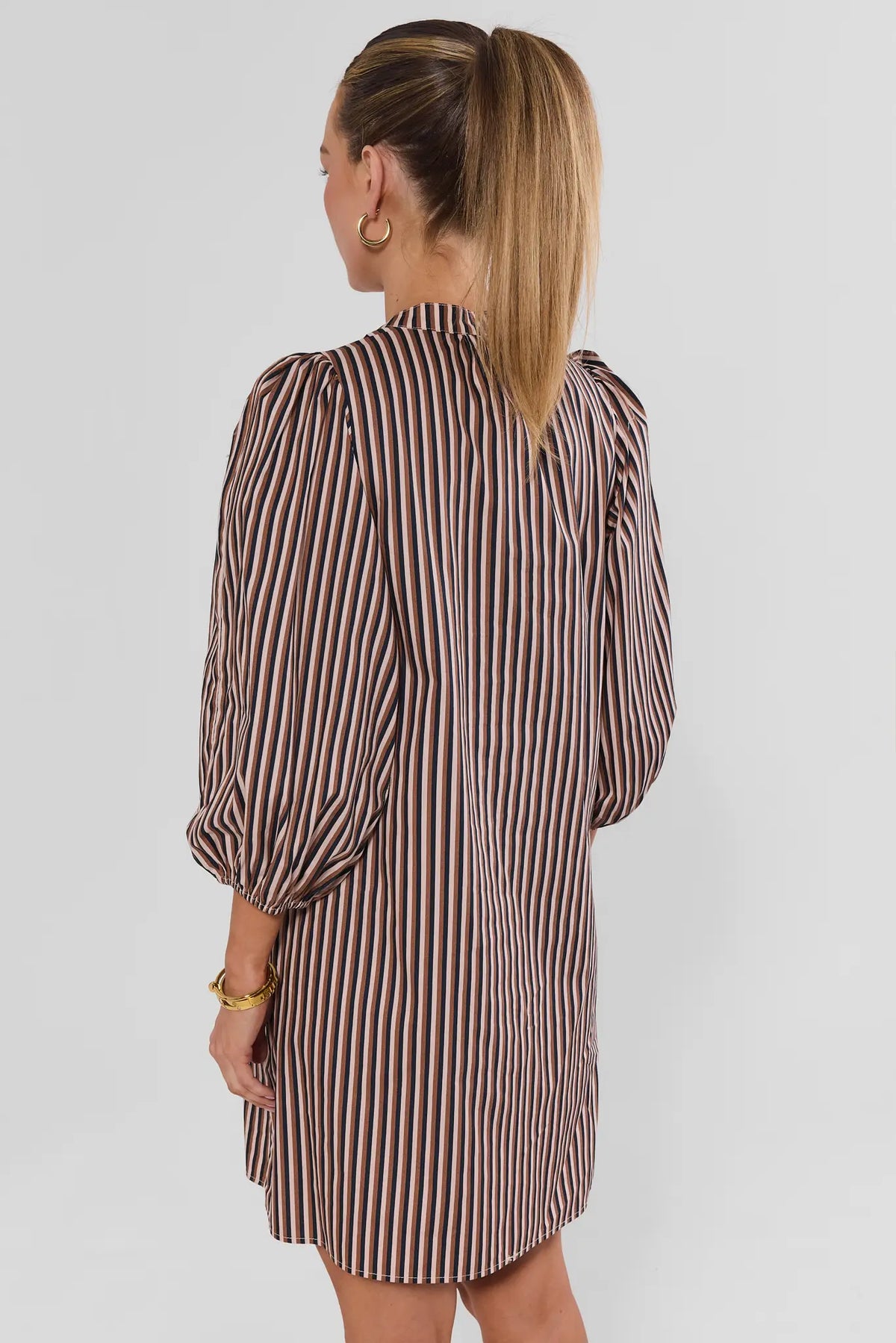 Brown Striped Split Neck Short Dress - Back View, Puff Sleeve Detail | Avara