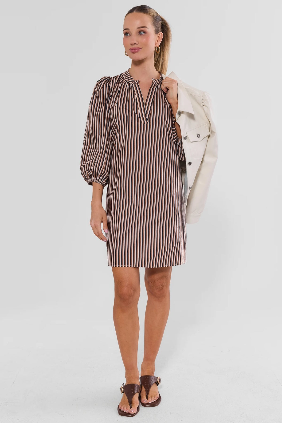 Brown Striped Short Dress Styled with Cream Jacket - Fall Outfit Look | Avara