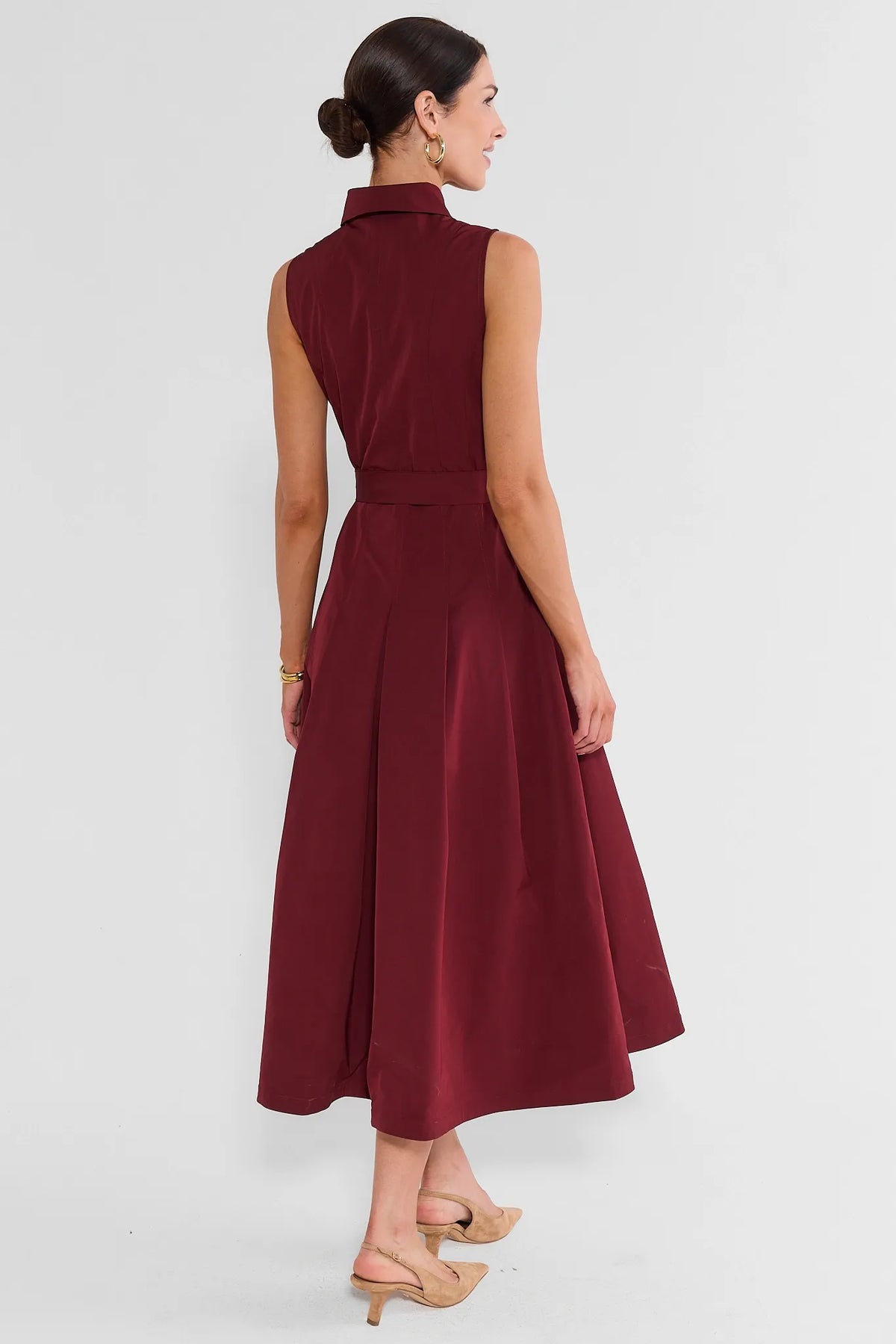 Burgundy Midi Dress - Back View Showing Collared Neckline and Full Skirt | Avara