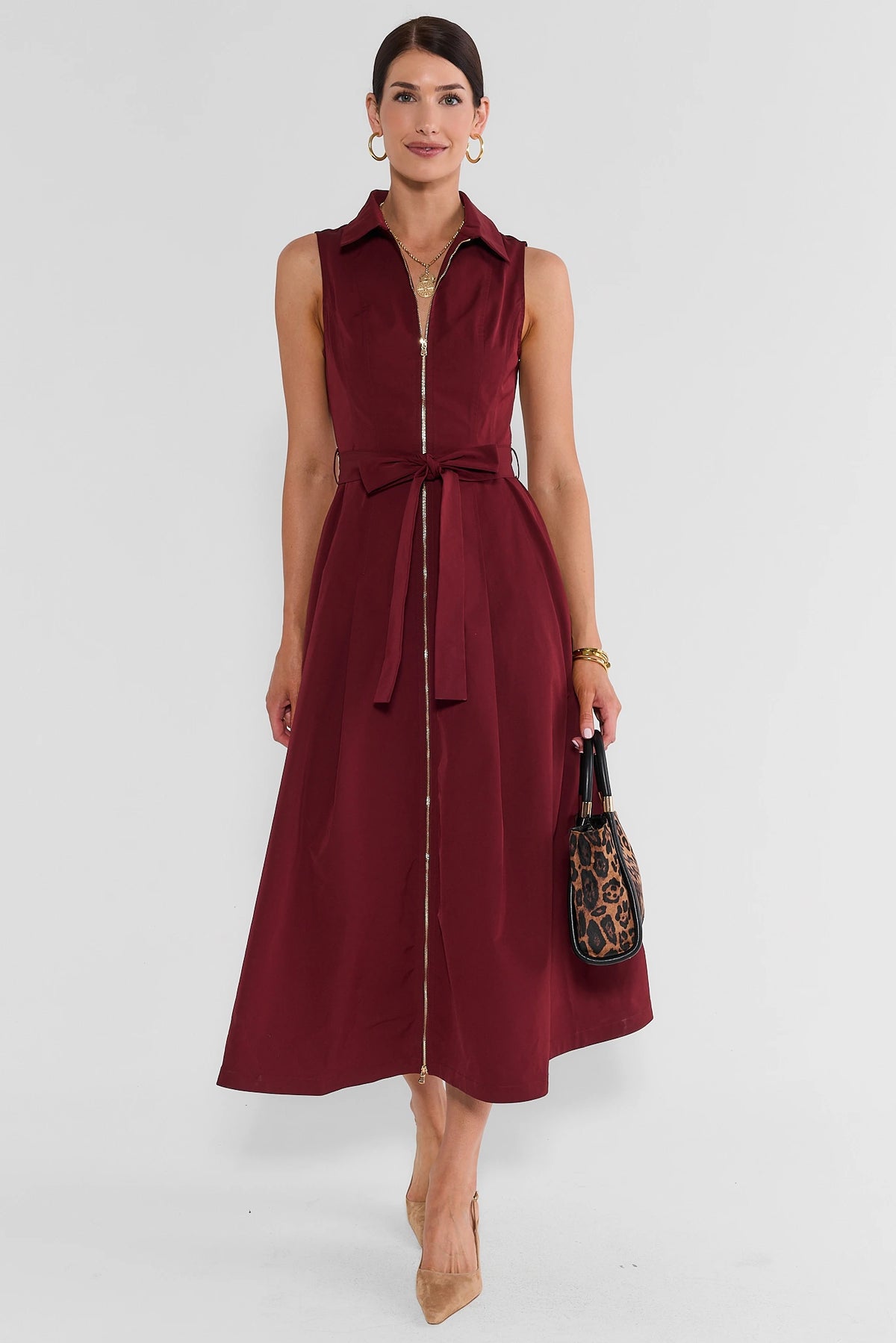 Burgundy Collared Zip Up Midi Dress - Front View On Model with Heels | Avara