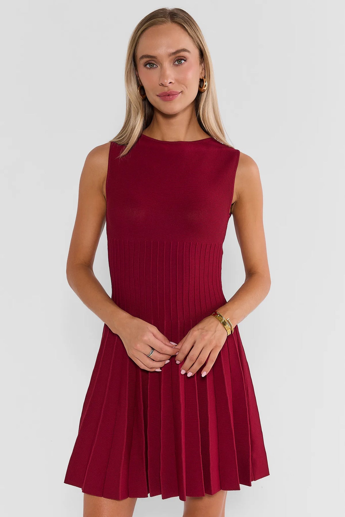 Burgundy Pleated Short Dress - Front View, Cropped Waist | Avara