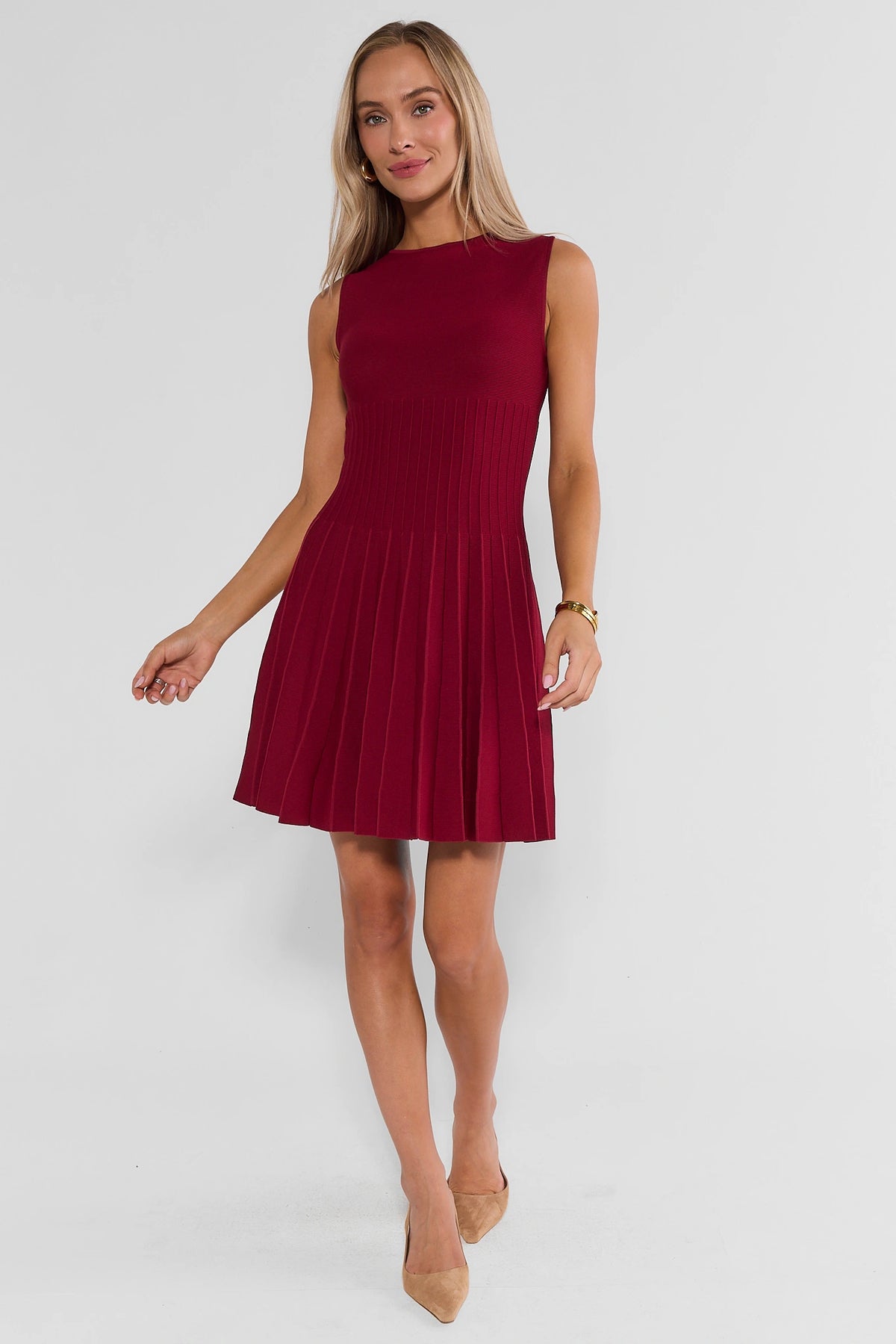 Burgundy Pleated Short Dress - Full Length Front View On Model | Avara