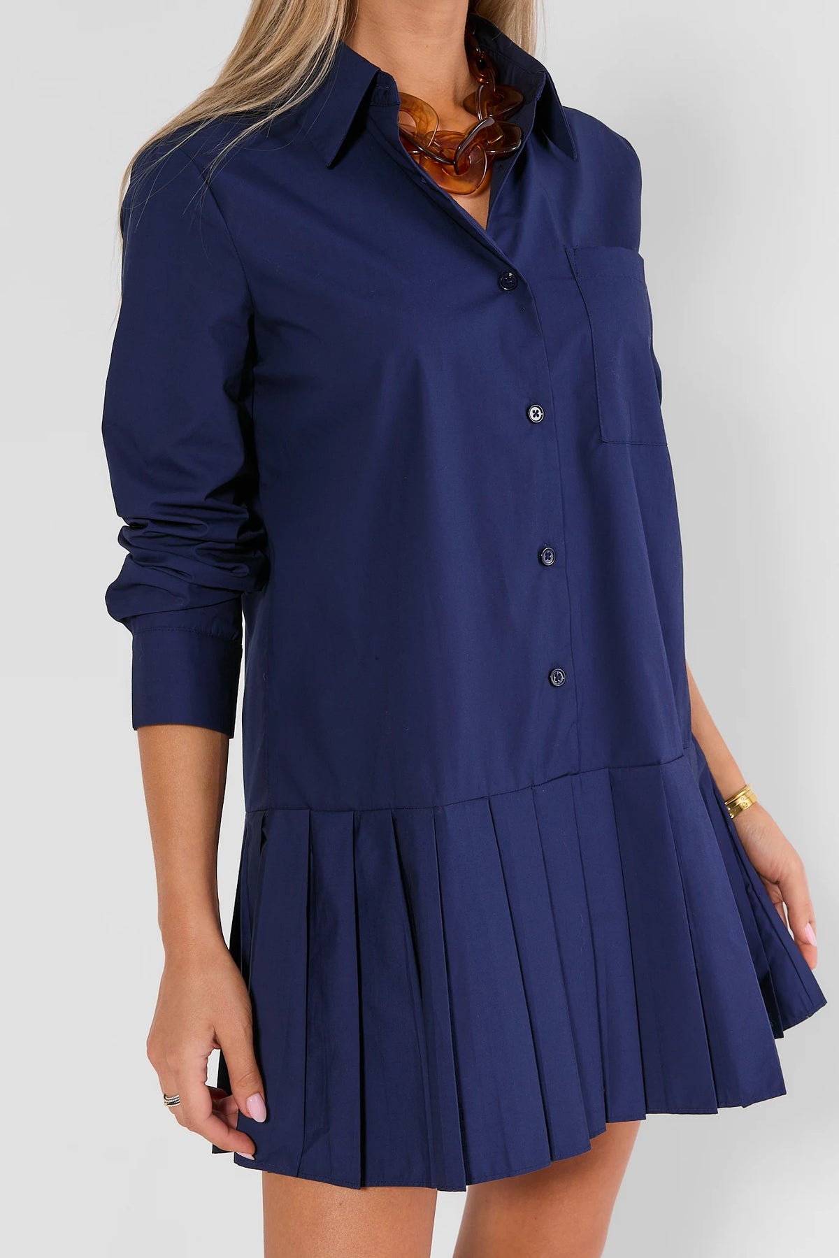 Navy Button-Up Short Dress with Pleated Skirt - Side Detail, Drop-Waist Pleat | Avara