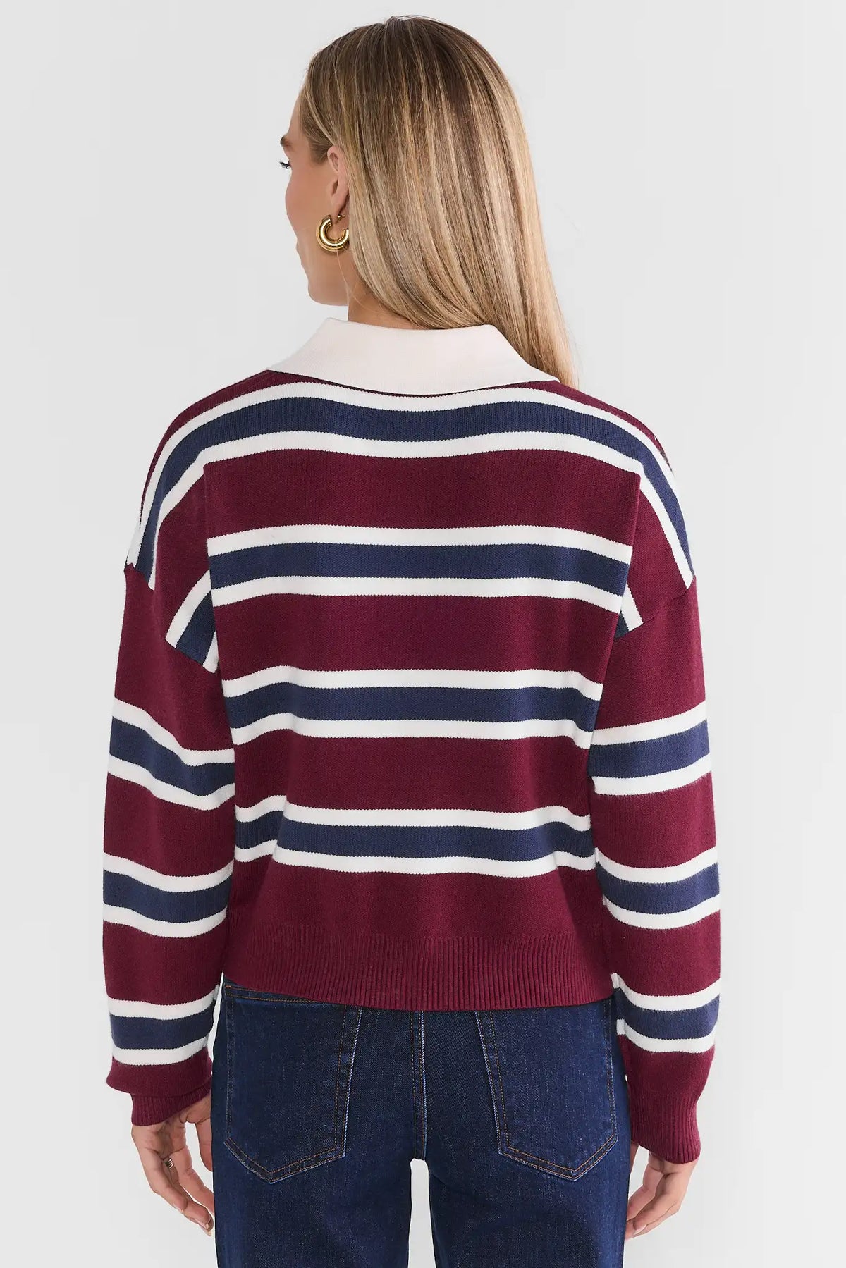 Burgundy Striped Contrast Sweater - Back View, Ribbed Hem Detail | Avara