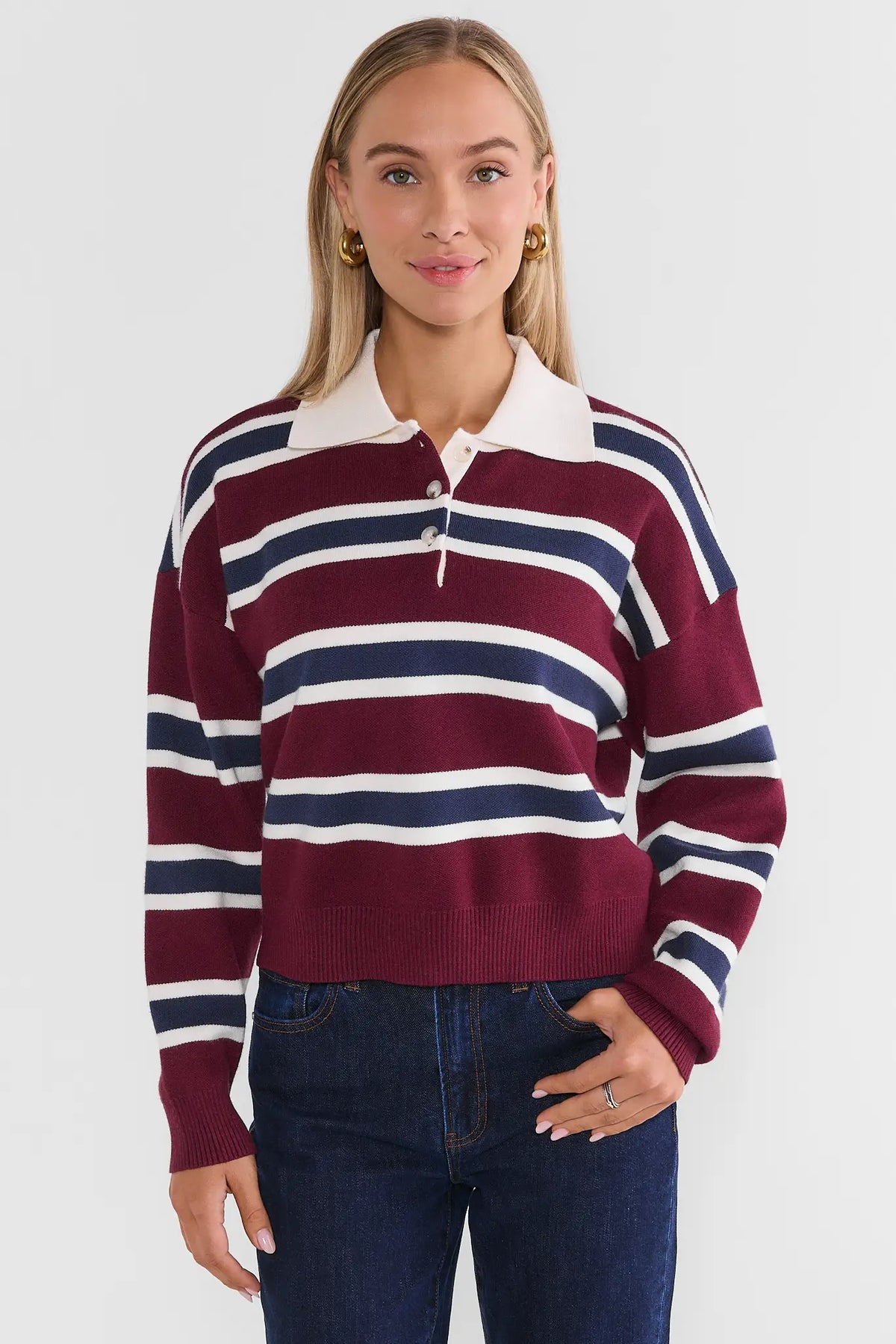 Burgundy Striped Contrast Sweater - Front View, Contrast Collar | Avara
