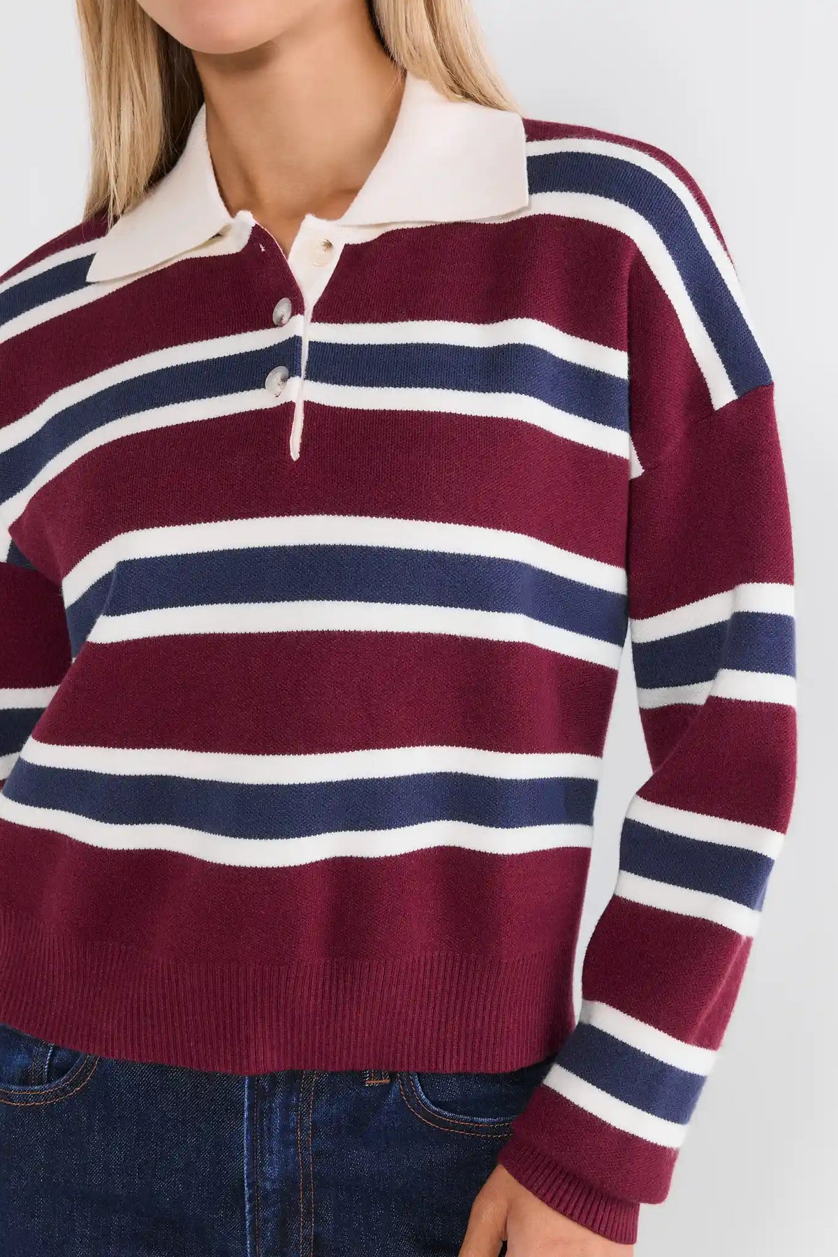 Burgundy Striped Contrast Sweater - Close-Up Collar & Button Detail | Avara