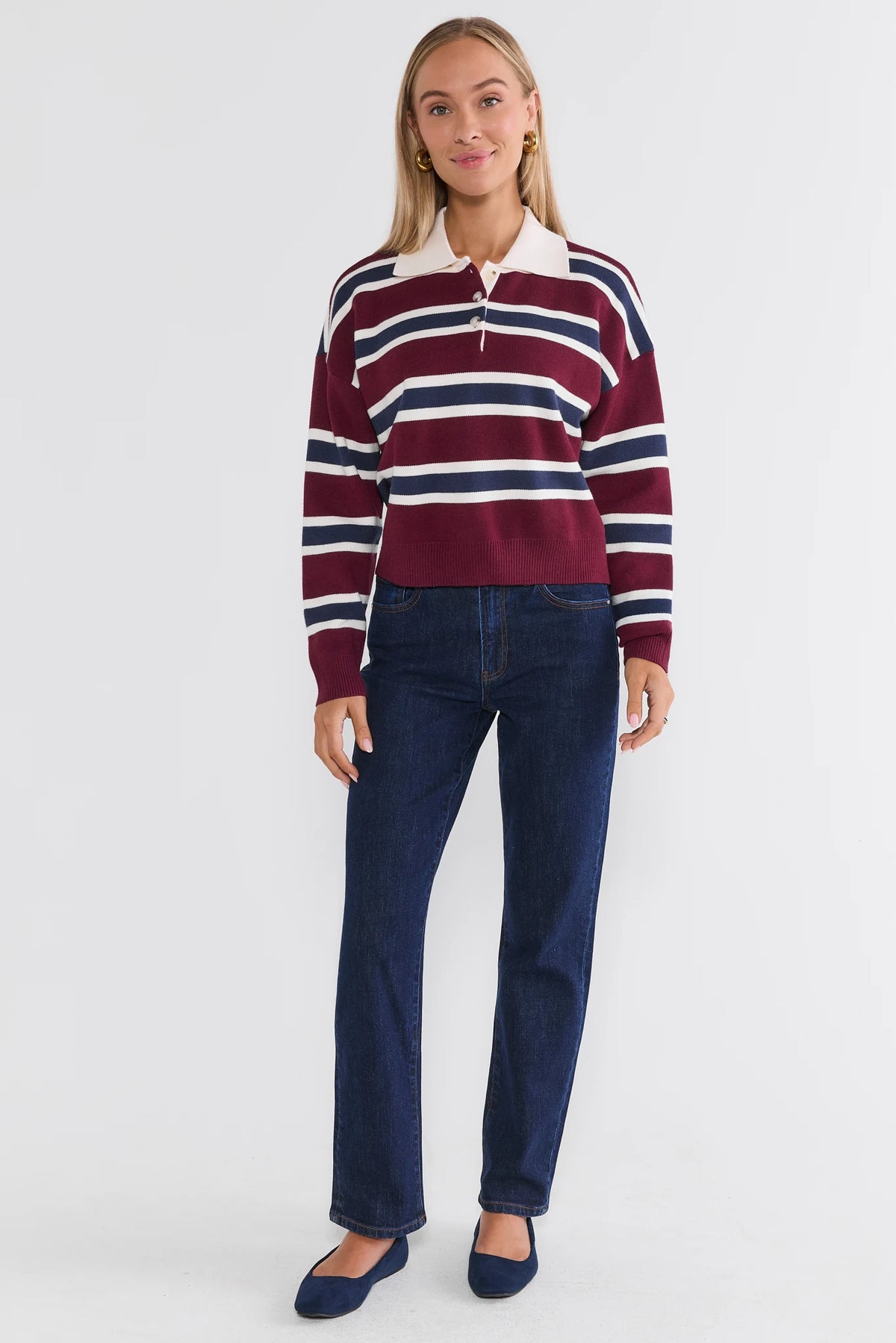 Burgundy Striped Contrast Sweater - Full Length, Styled with Dark Jeans | Avara