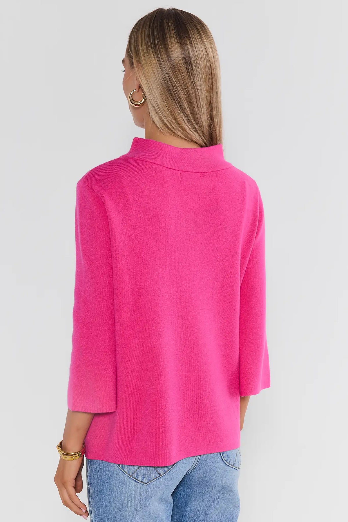 Hot Pink Knit Sweater - Back View On Model, Mock Neck and 3/4 Sleeve Detail | Avara