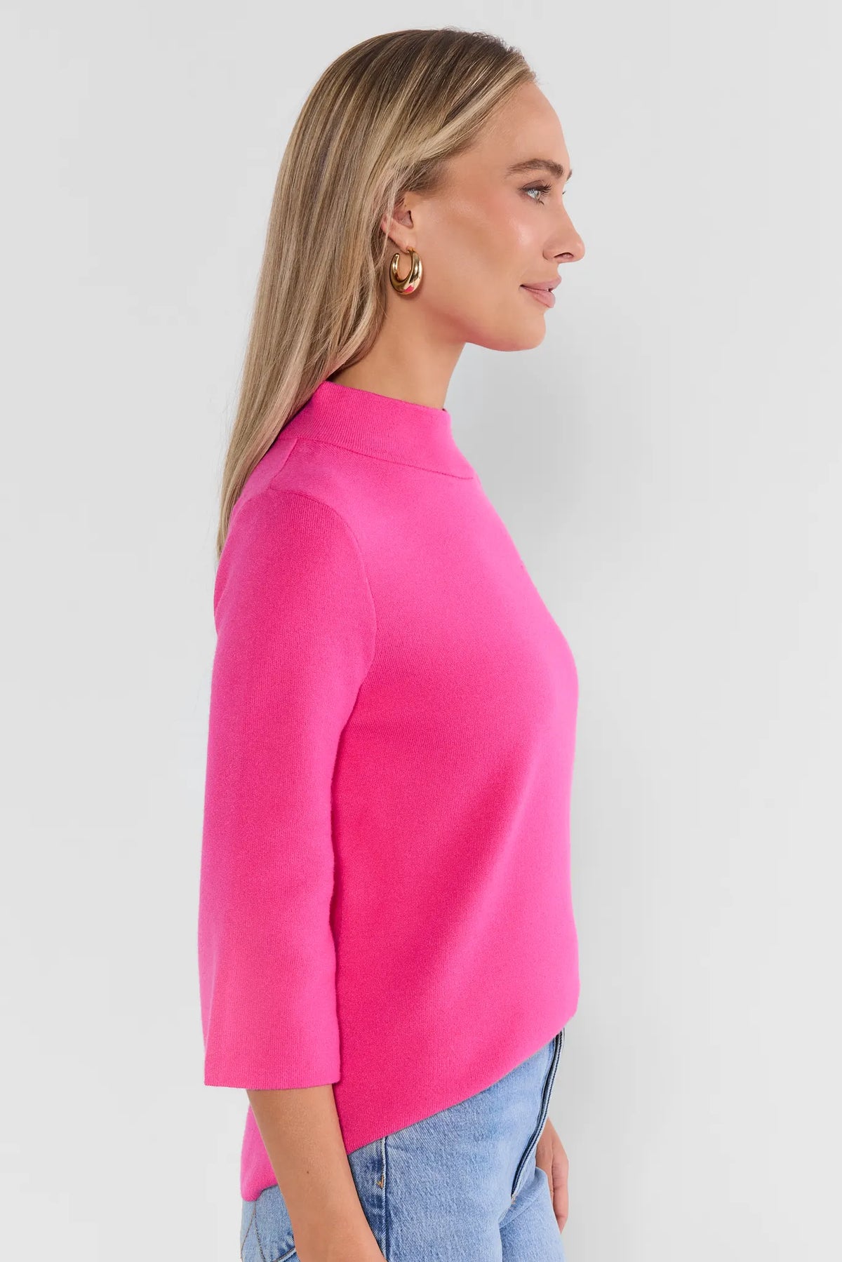 Hot Pink Knit Sweater - Side Profile On Model, 3/4 Sleeve Silhouette | Avara