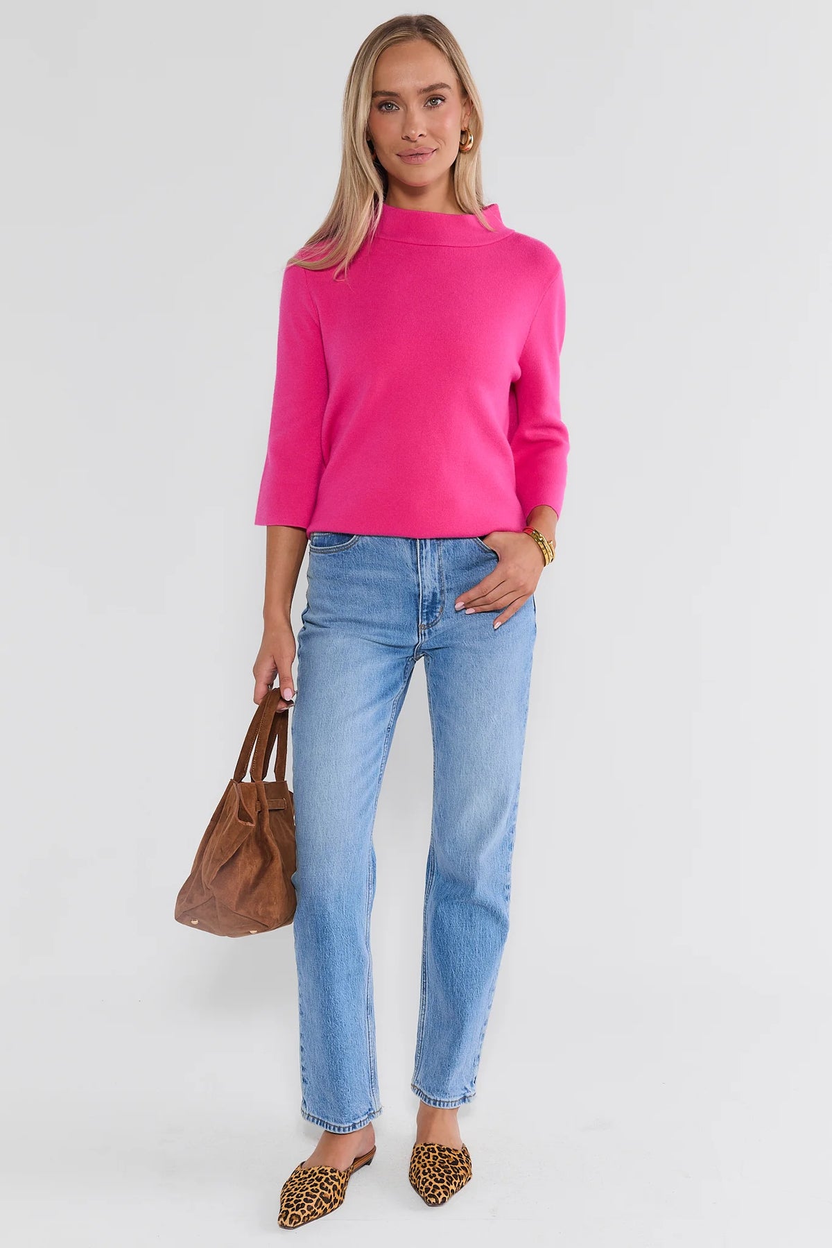 Hot Pink Knit Sweater - Front View On Model, Styled with Jeans | Avara