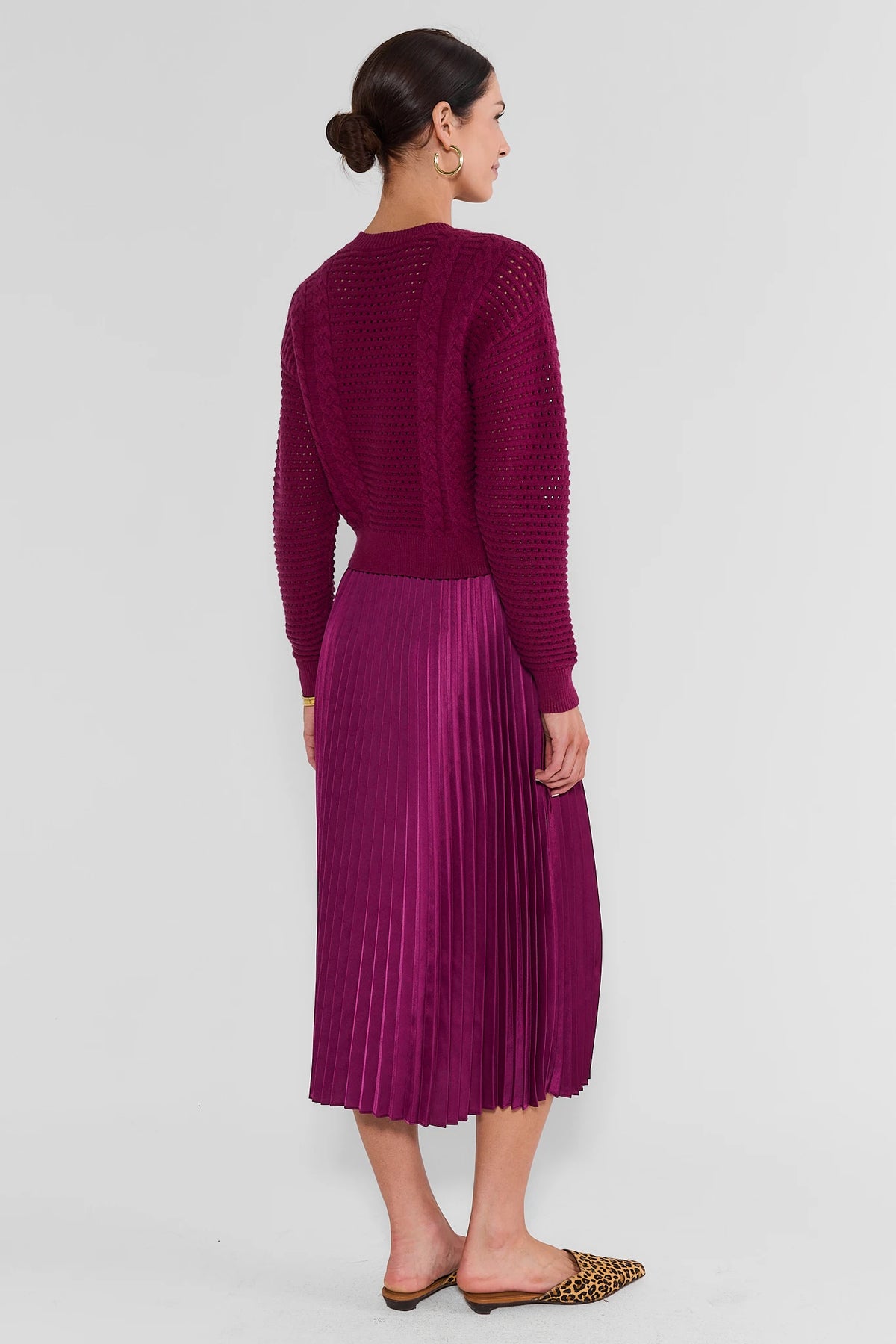 Plum Cable-Knit Two Piece Pleated Midi Dress - Back View | Avara