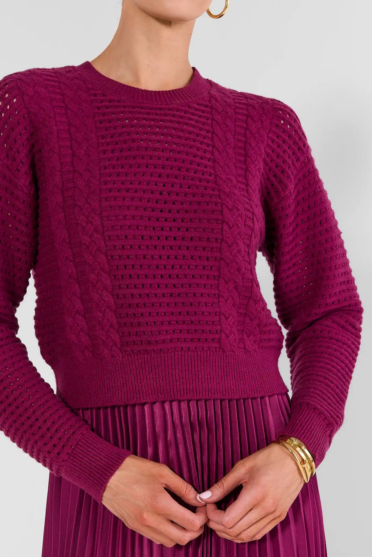 Plum Cable-Knit Sweater Top Close-Up Detail with Pleated Midi Skirt | Avara