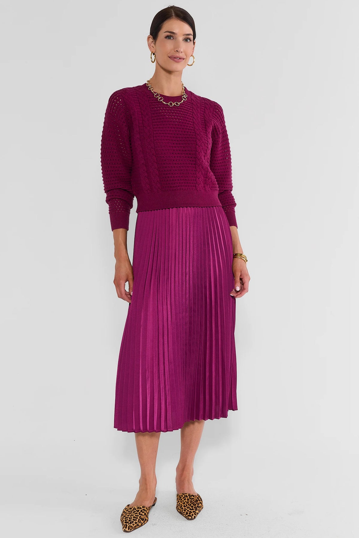 Plum Two Piece Midi Dress Full-Length Front View, Styled with Leopard Mules | Avara