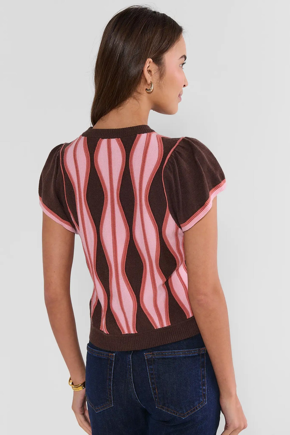 Brown Pink Wave Print Knit Crop Sweater - Back View, On Model | Avara