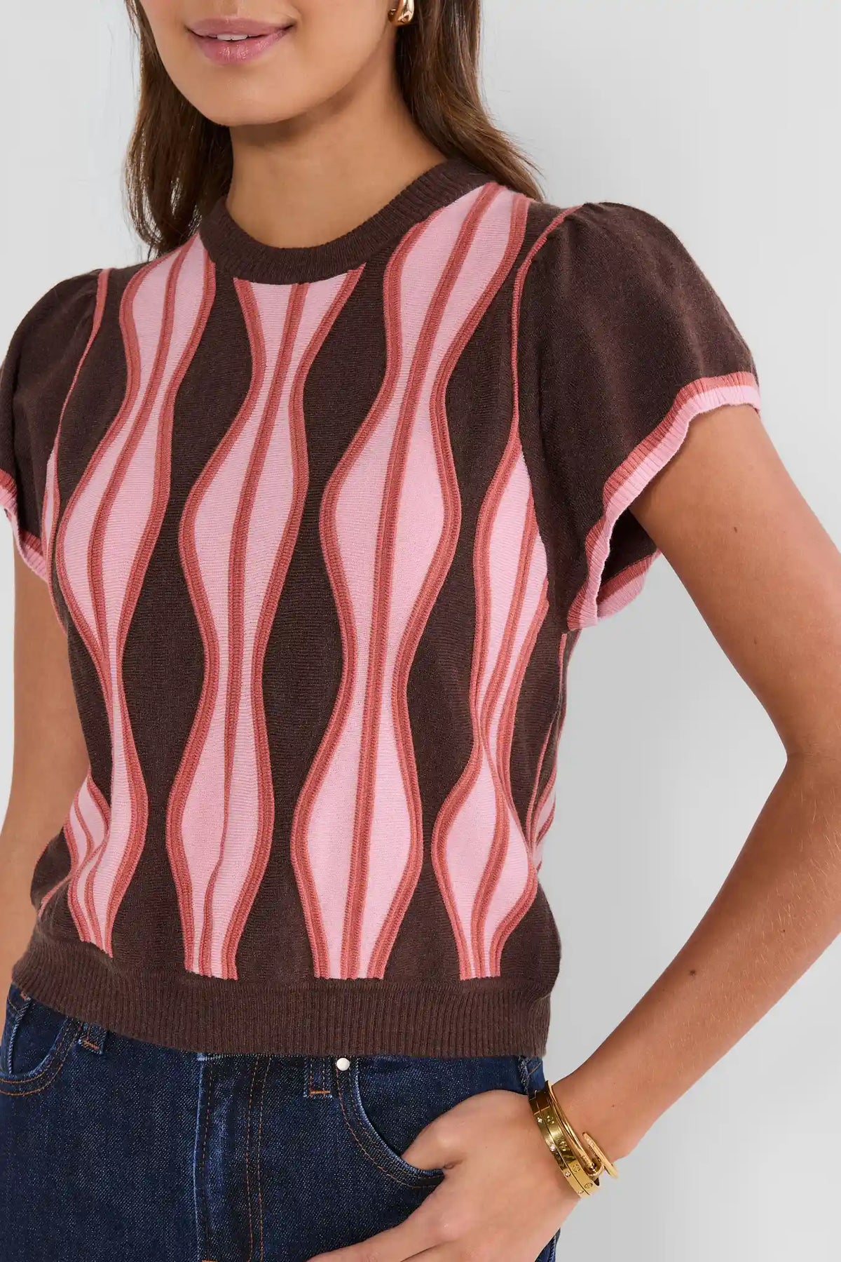 Brown Pink Wave Print Knit Sweater - Close-Up Front Detail, On Model | Avara