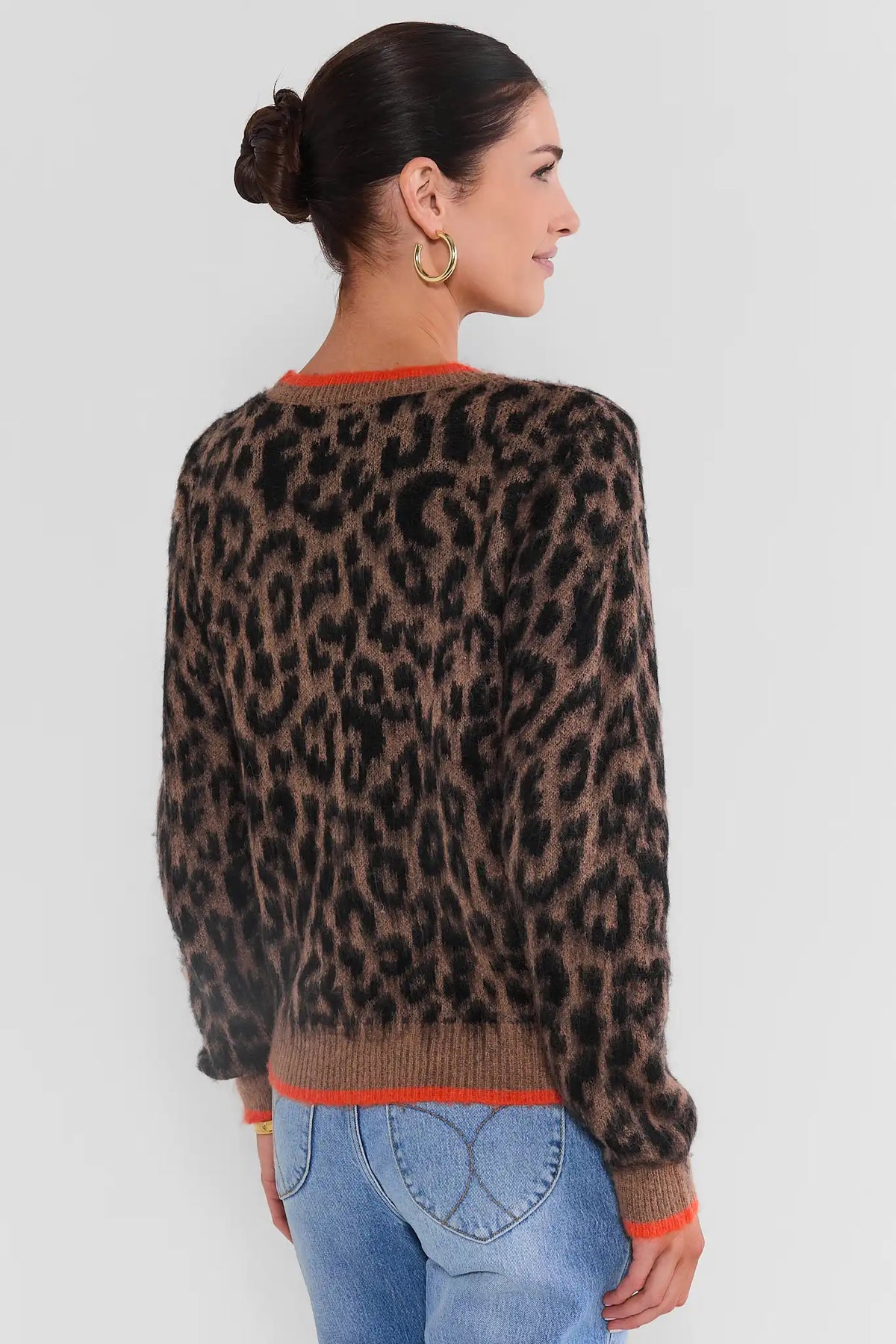 Leopard Print Knit Sweater with Orange Ribbed Trim - Back View On Model | Avara