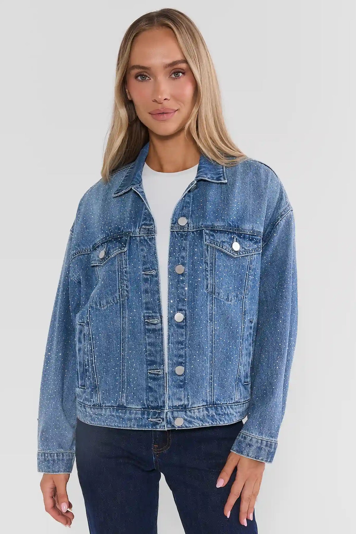 Medium Wash Rhinestone Denim Jacket - Front View On Model, Allover Crystal Embellishments | Avara