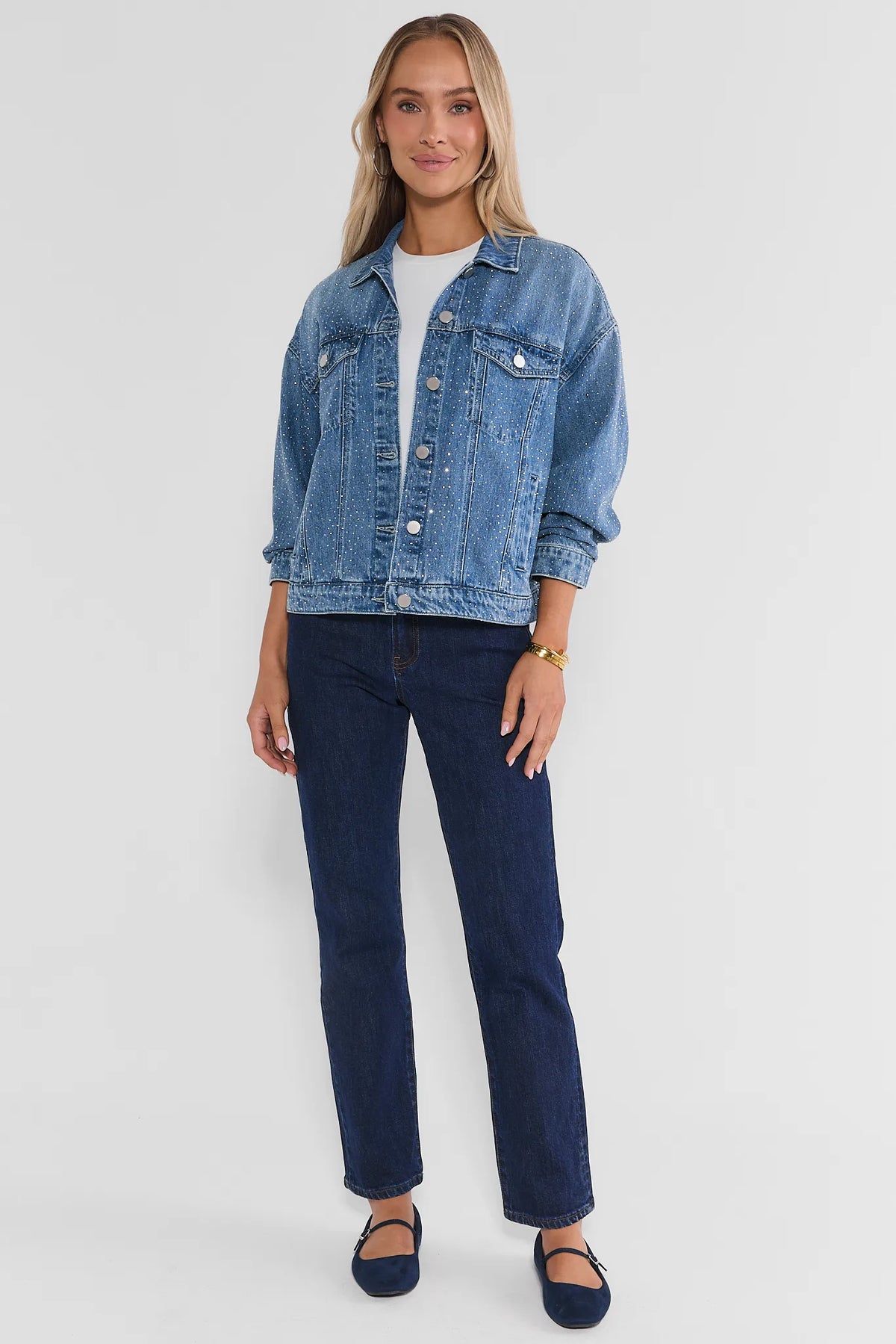 Medium Wash Rhinestone Denim Jacket - Full Length Styled Look On Model with Dark Wash Jeans | Avara