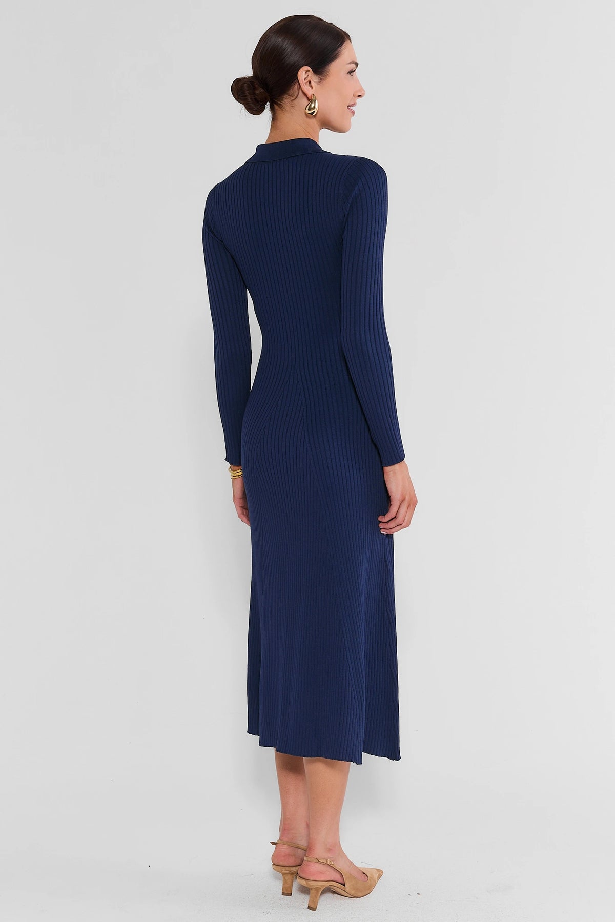 Navy Ribbed Knit Midi Dress - Back View Showing Long Sleeves & A-Line Hem | Avara