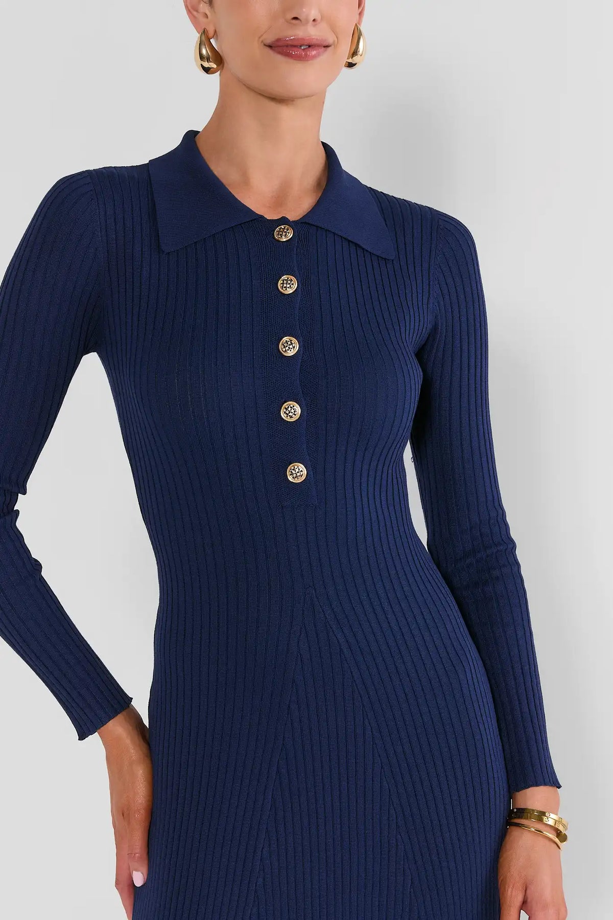 Navy Ribbed Sweater Dress - Upper Body Detail, Gold Buttons & Polo Collar | Avara
