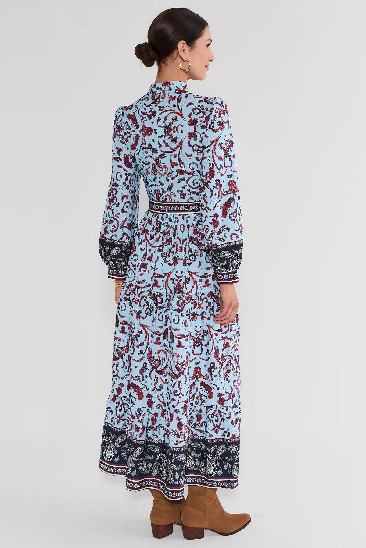 Blue Printed Maxi Dress - Back View Showing A-Line Skirt & Paisley Border Hem | Avara