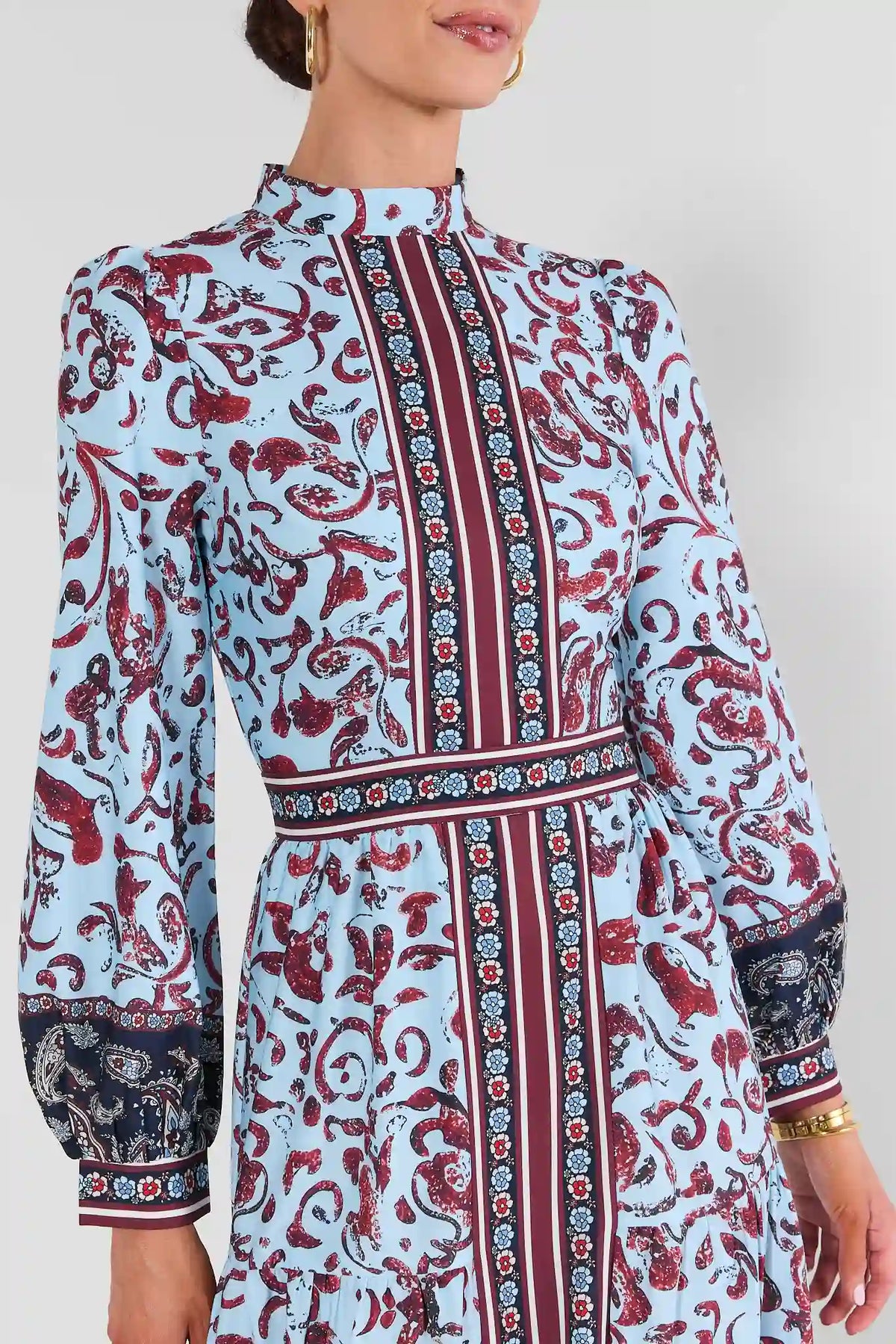 Blue Paisley Printed Maxi Dress - Mock Neck & Long Sleeve Close-Up Detail | Avara