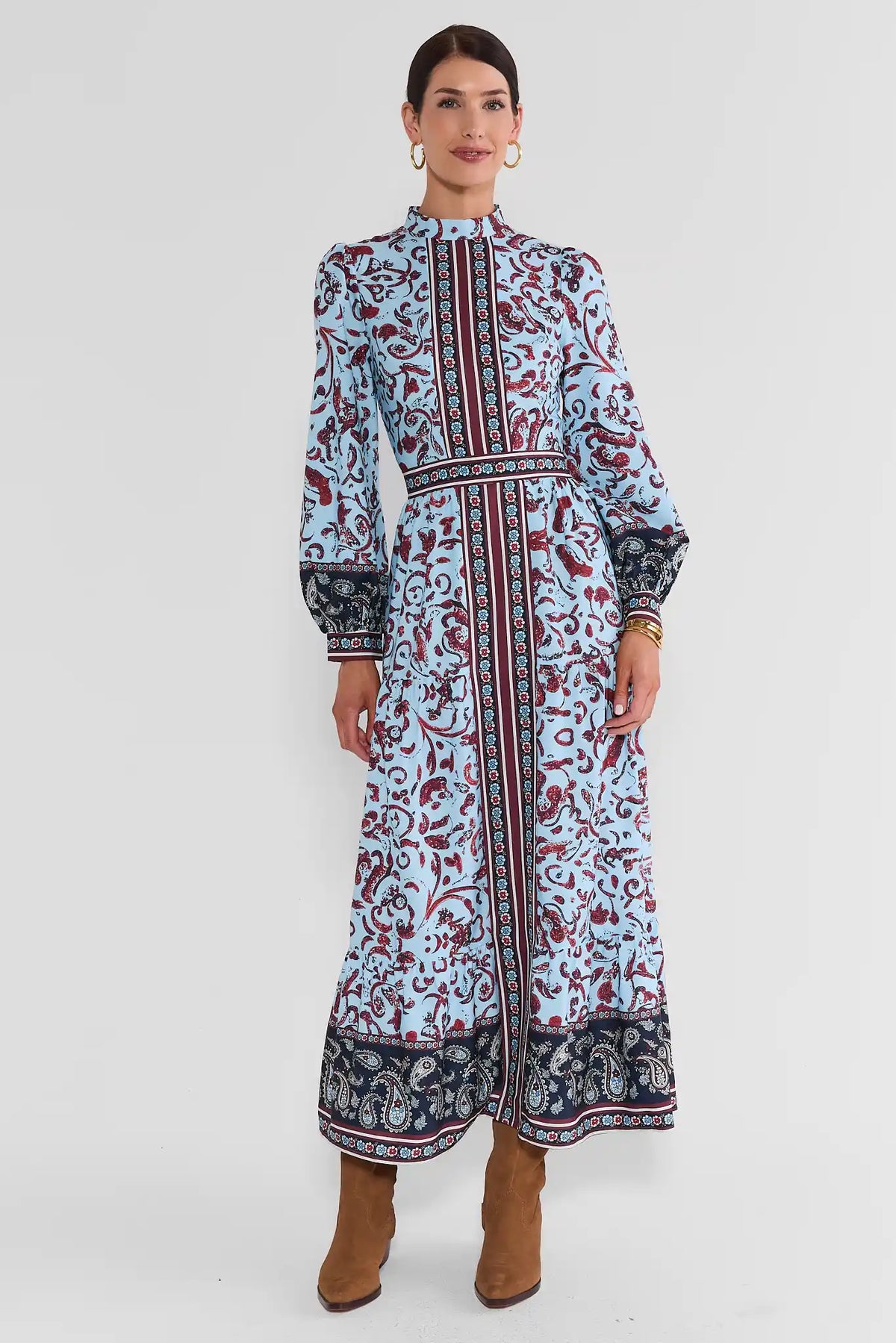 Blue Printed Modest Maxi Dress - Front View On Model with Ankle Boots | Avara