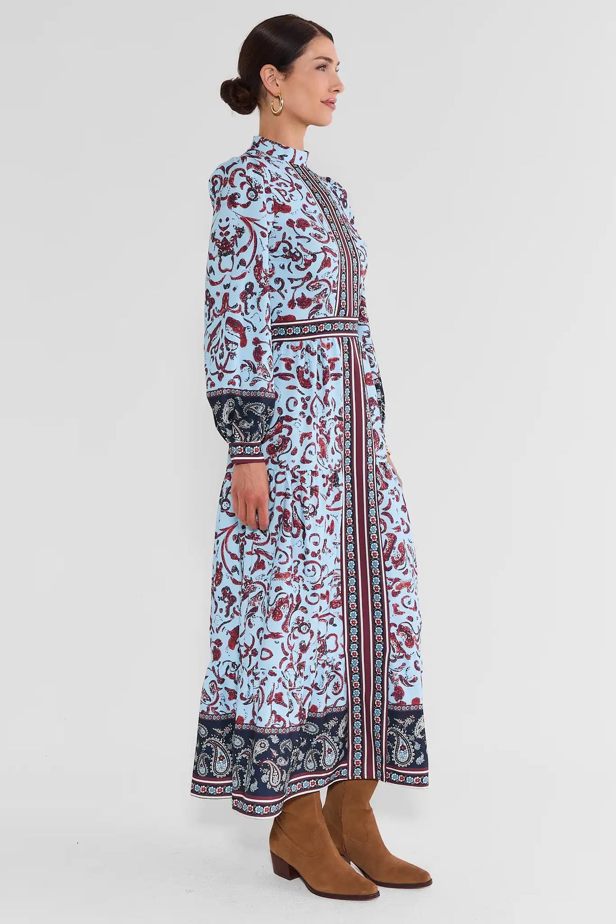 Blue Paisley Printed Maxi Dress - Side Profile View, Floor-Length Silhouette | Avara