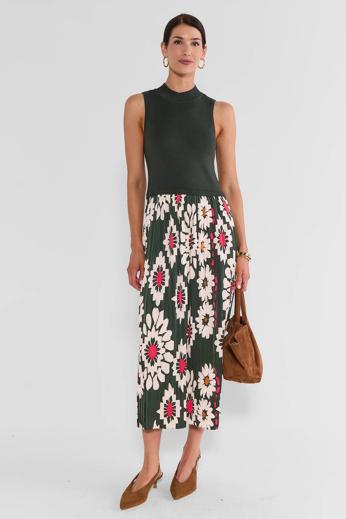 Green Floral Midi Dress - Full Length Styled Look with Tan Heels & Suede Bag | Avara