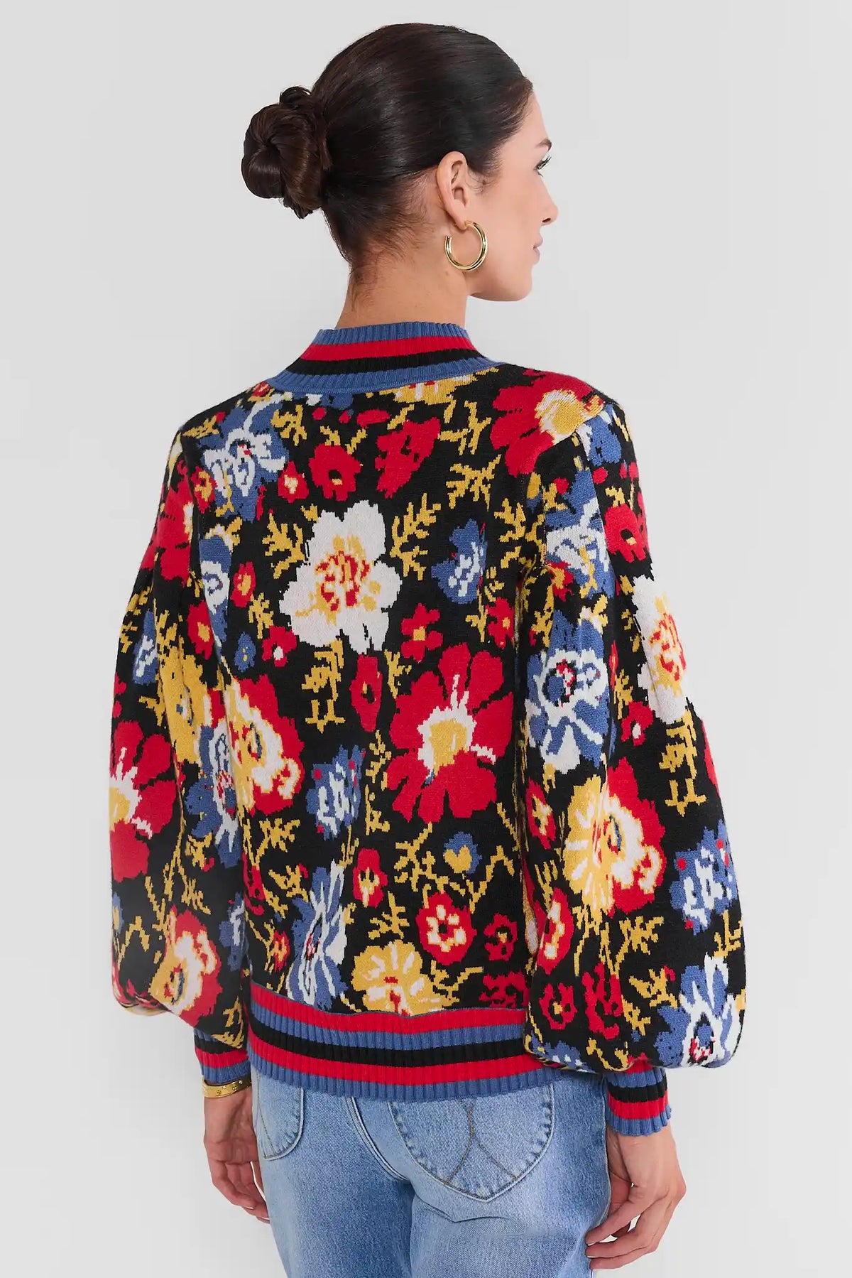 Multi Floral Knit Sweater, Balloon Sleeve & Striped Hem - Back View On Model | Avara