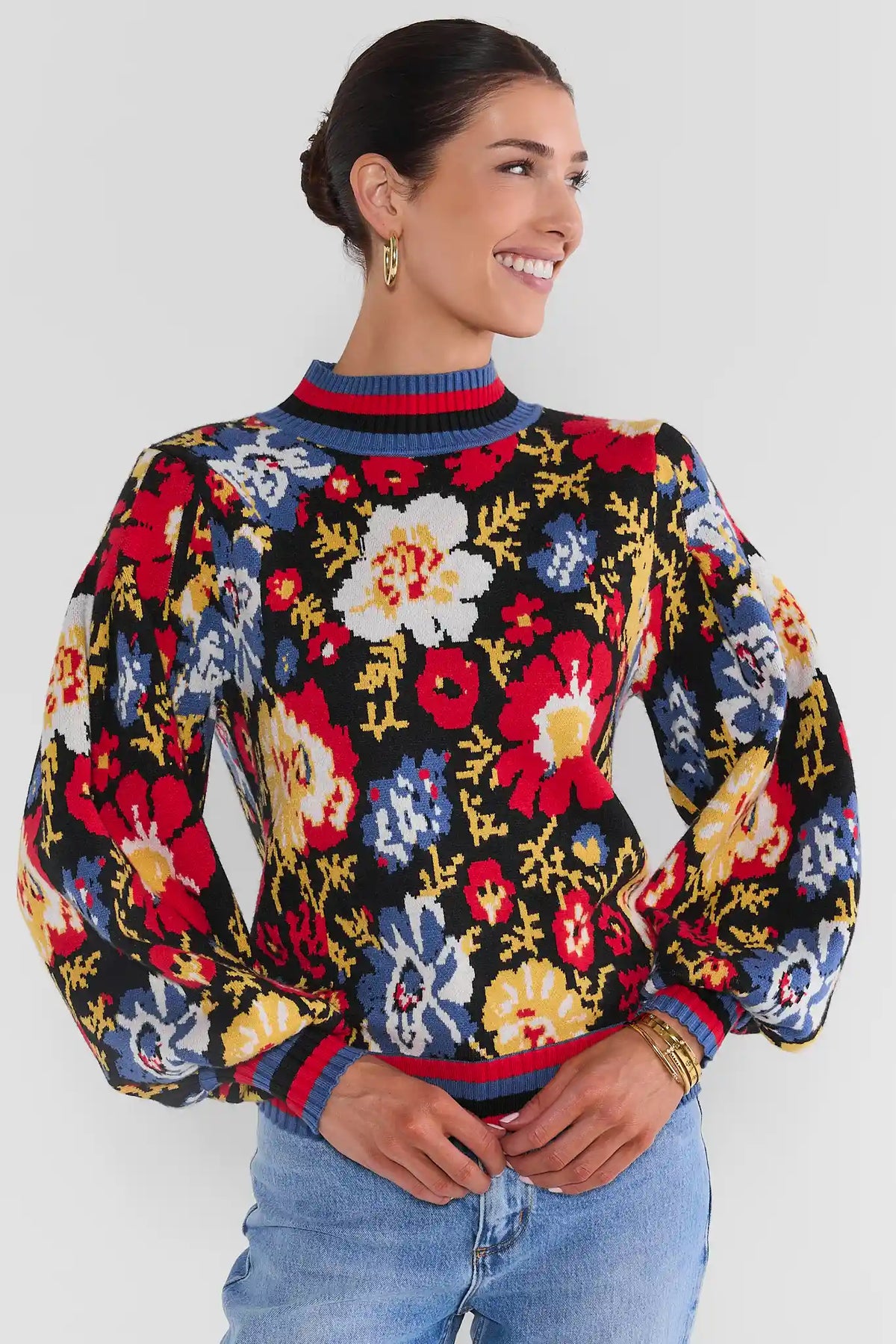 Multi-Color Floral Knit Sweater, Mock Neck Long Sleeve - Front View On Model | Avara
