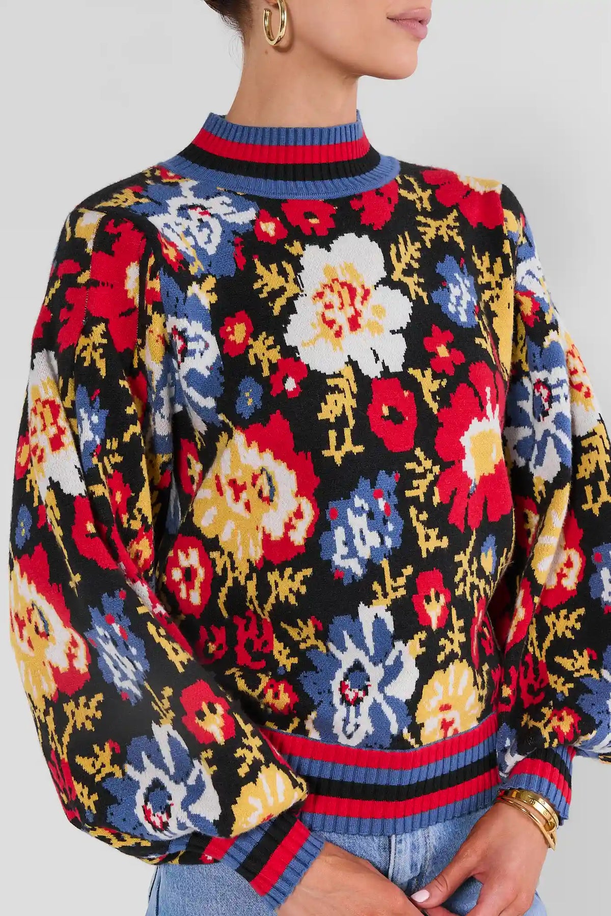Black Multi Floral Knit Sweater, Striped Ribbed Hem Close-Up Detail - On Model | Avara