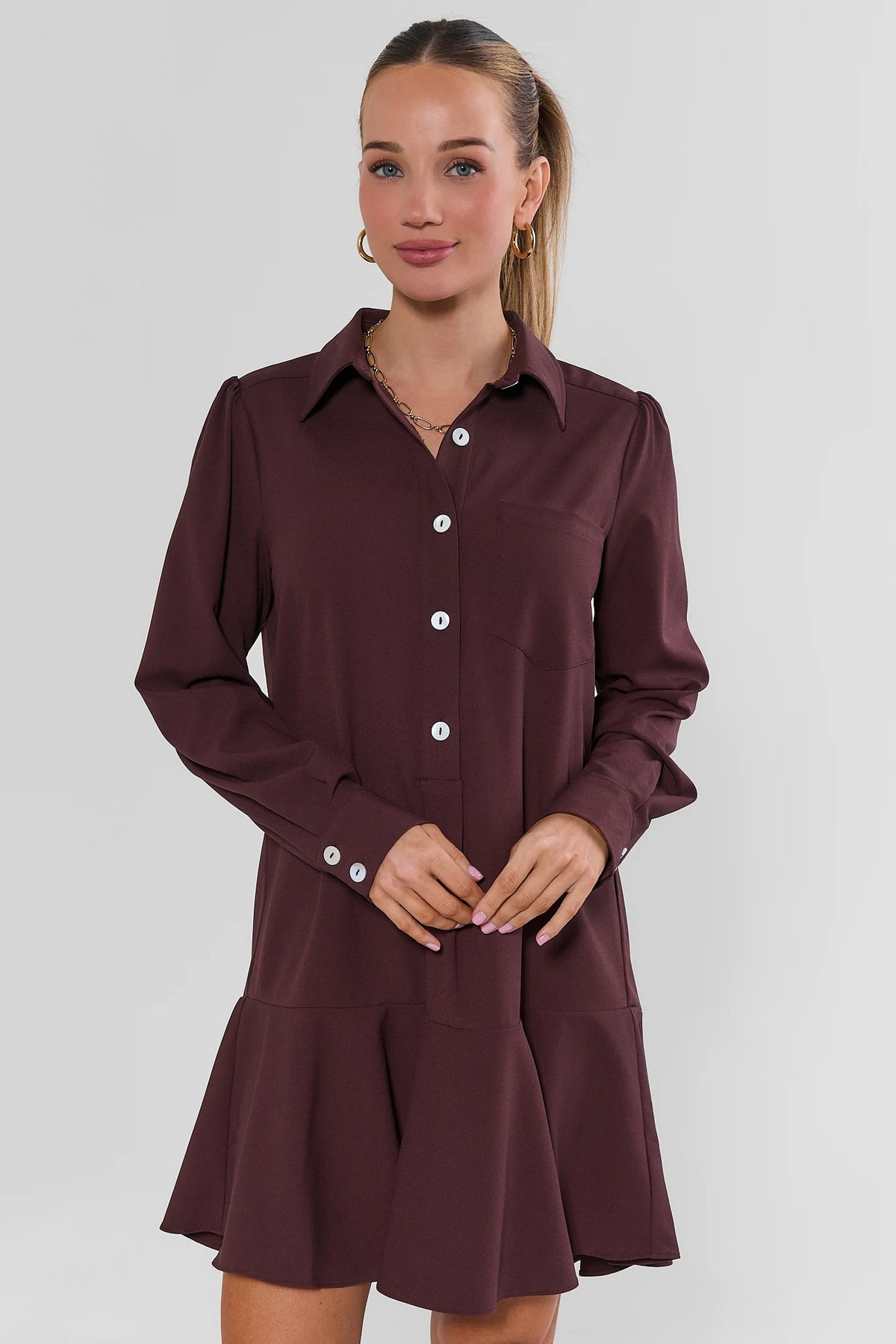 Brown Drop Waist Shirt Dress - Front View On Model | Avara