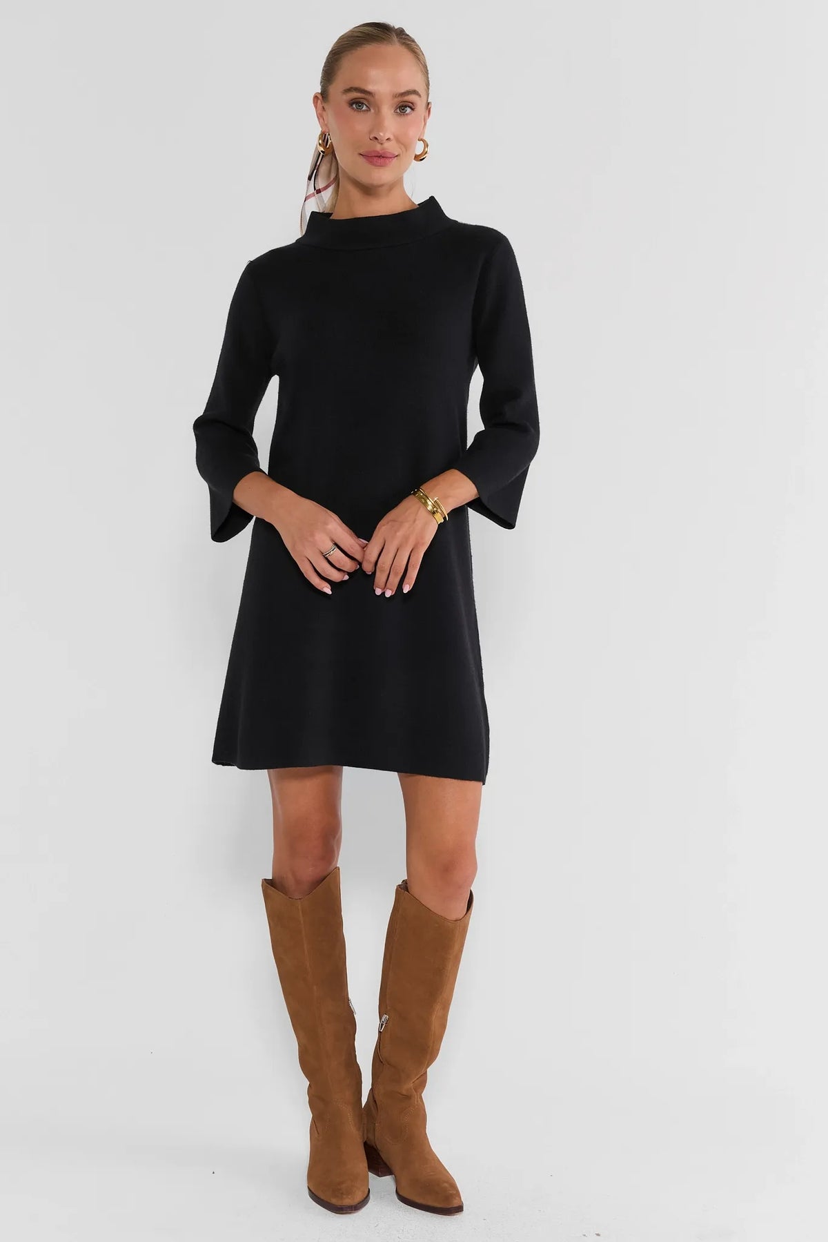 Black Knit Short Dress with 3/4 Sleeves Styled with Tall Boots - Full Front | Avara