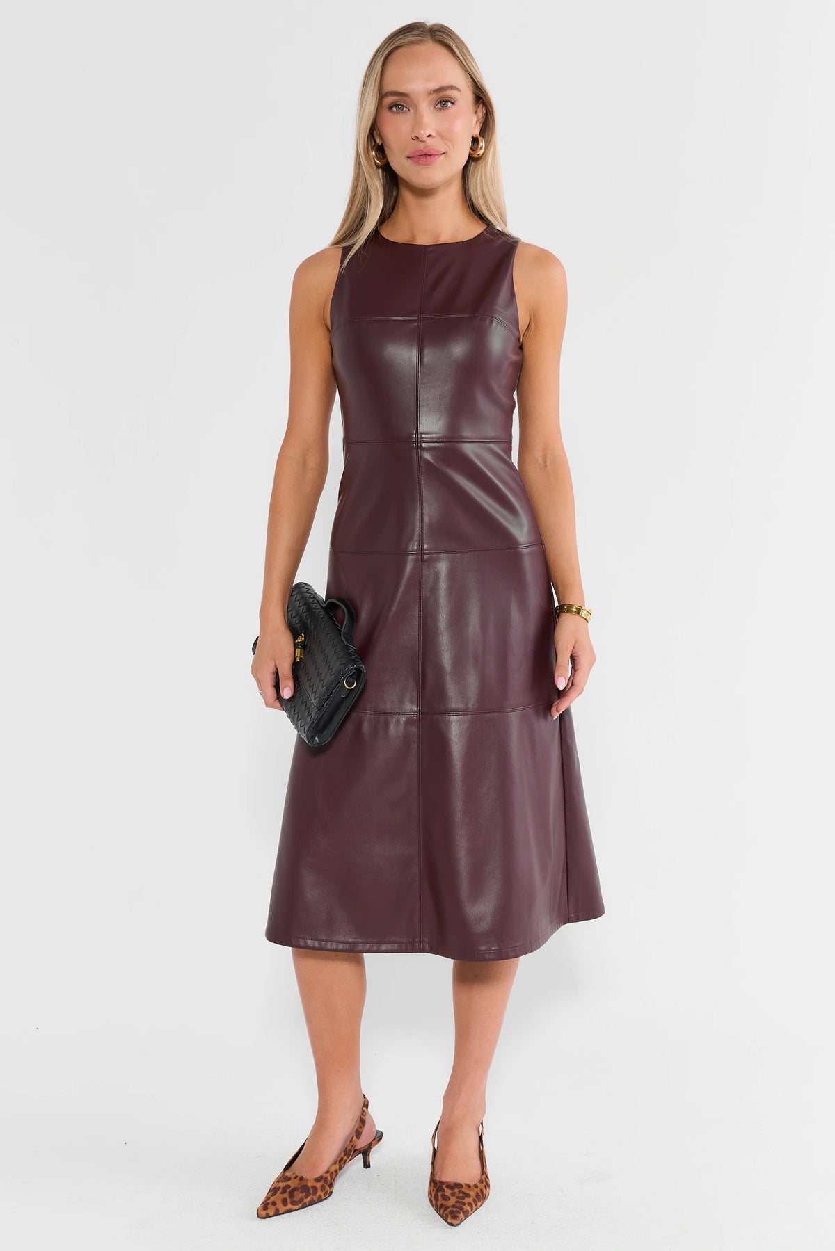 Burgundy Faux Leather Midi Dress - Full Length Front, Styled with Heels | Avara