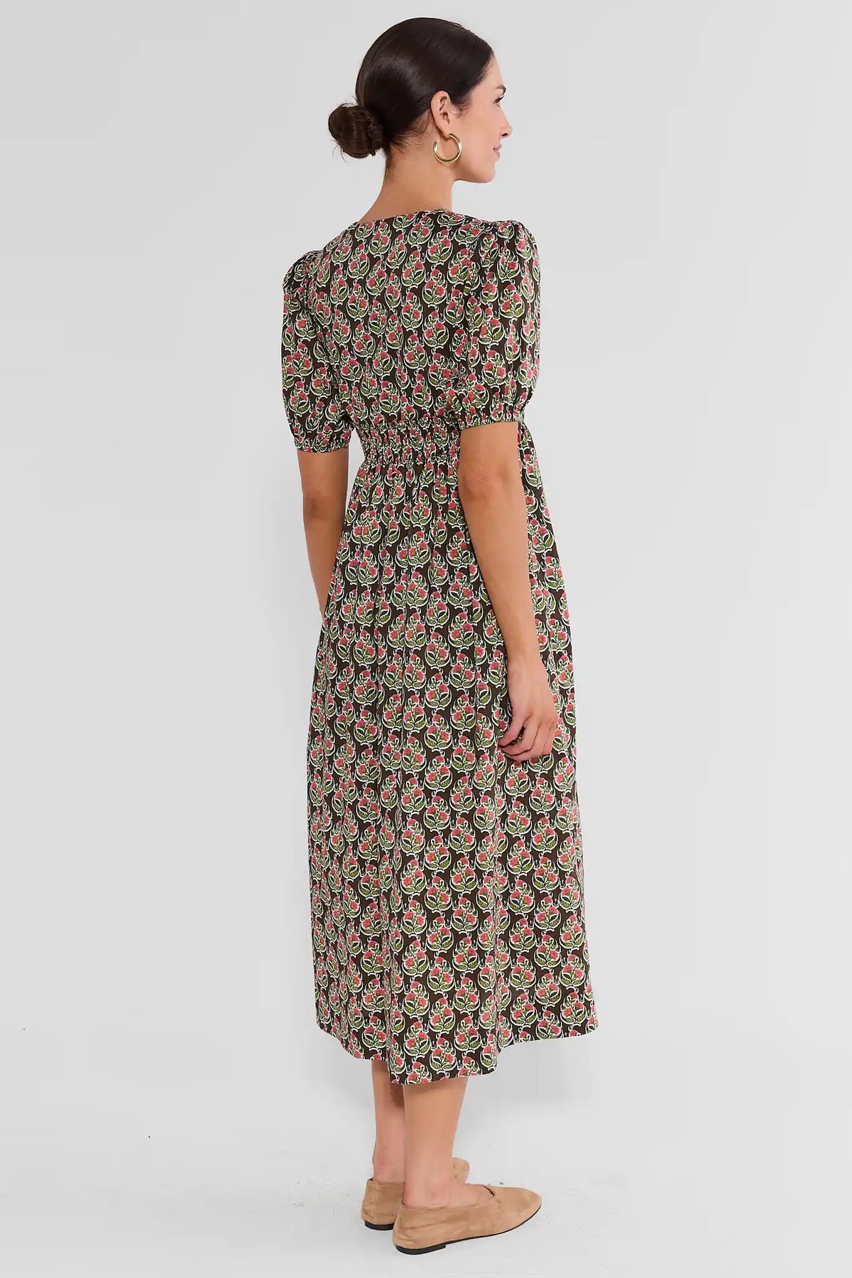 Brown Block Print Midi Dress - Back View, A-Line Silhouette On Model | Avara