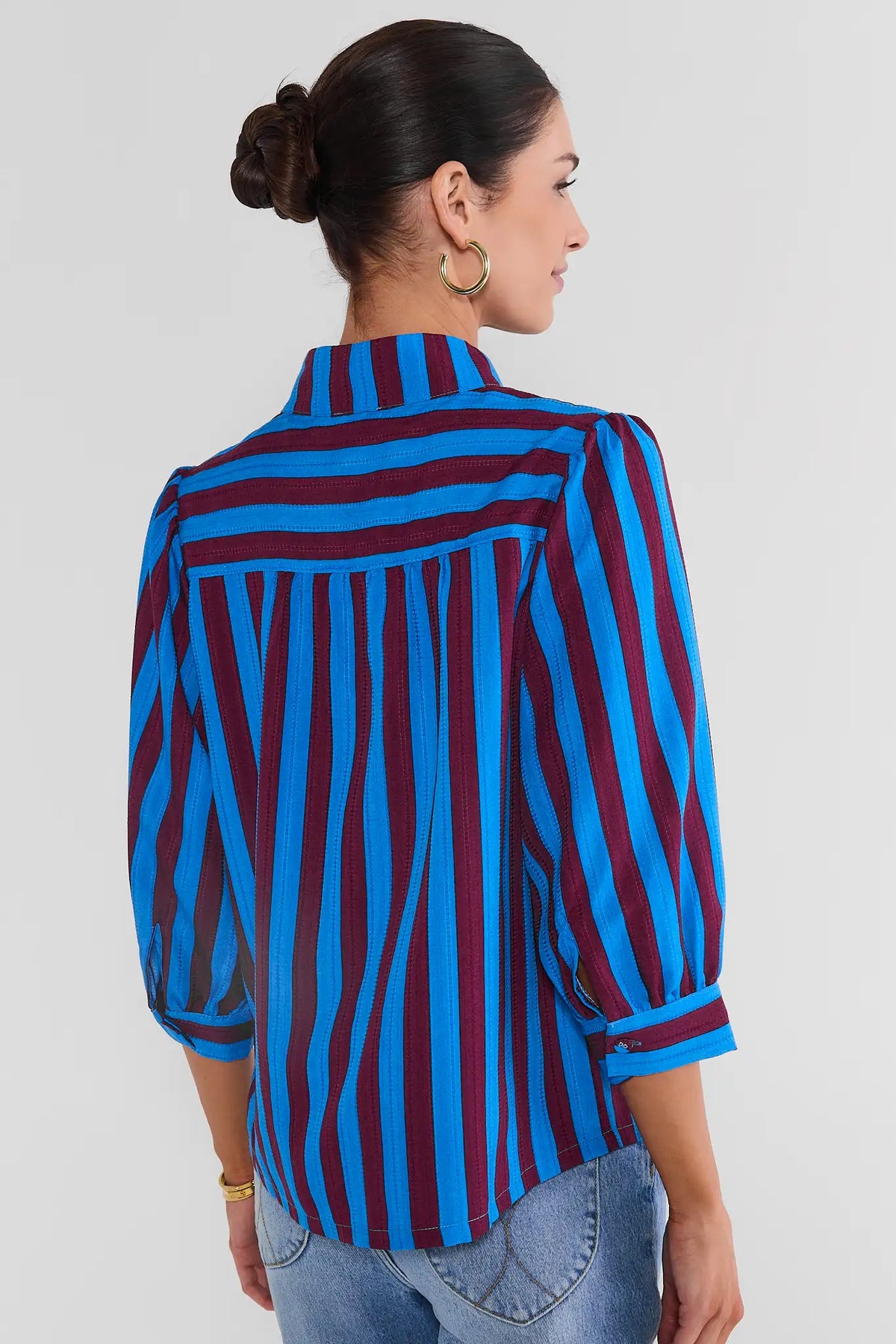 Blue Burgundy Striped Stand Collar Top - Back View with Puff Sleeves & Striped Cuffs | Avara