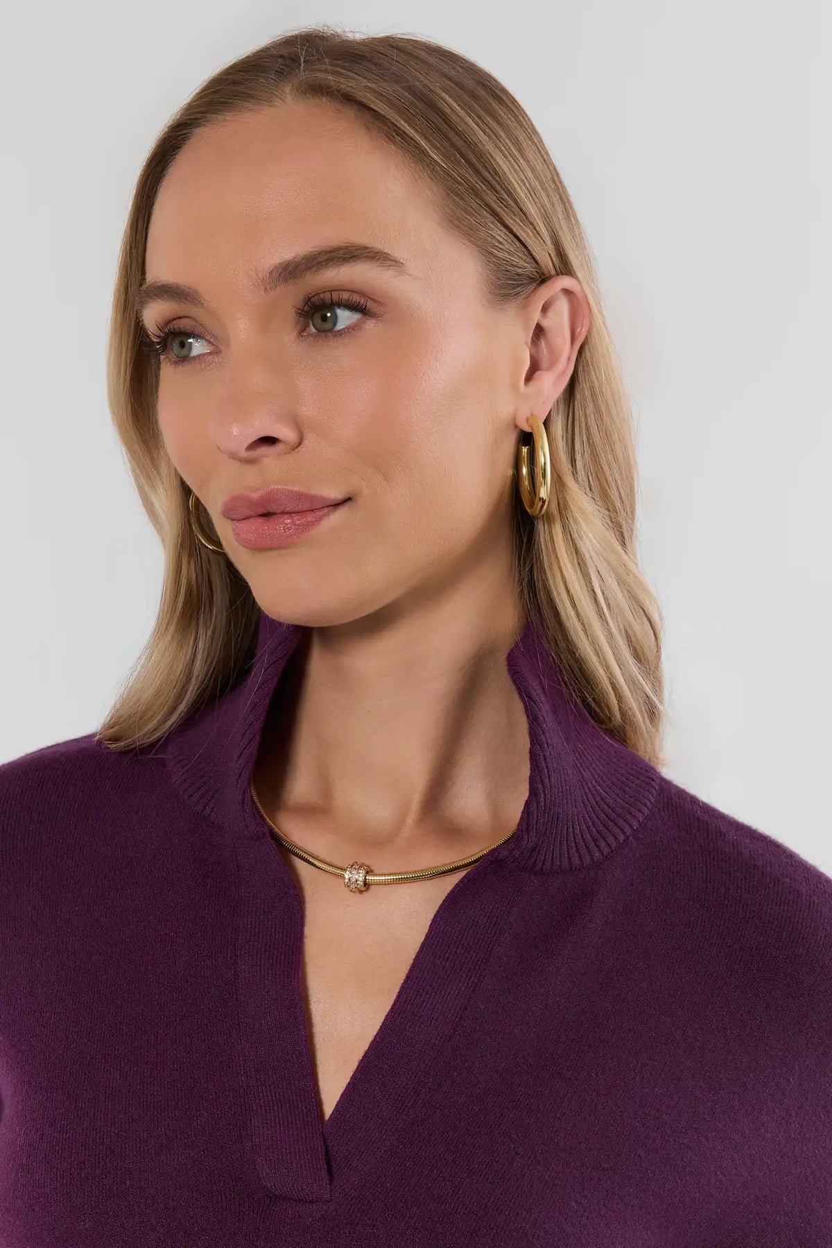 Plum Knit Sweater V-Neckline Close-Up Detail - On Model | Avara